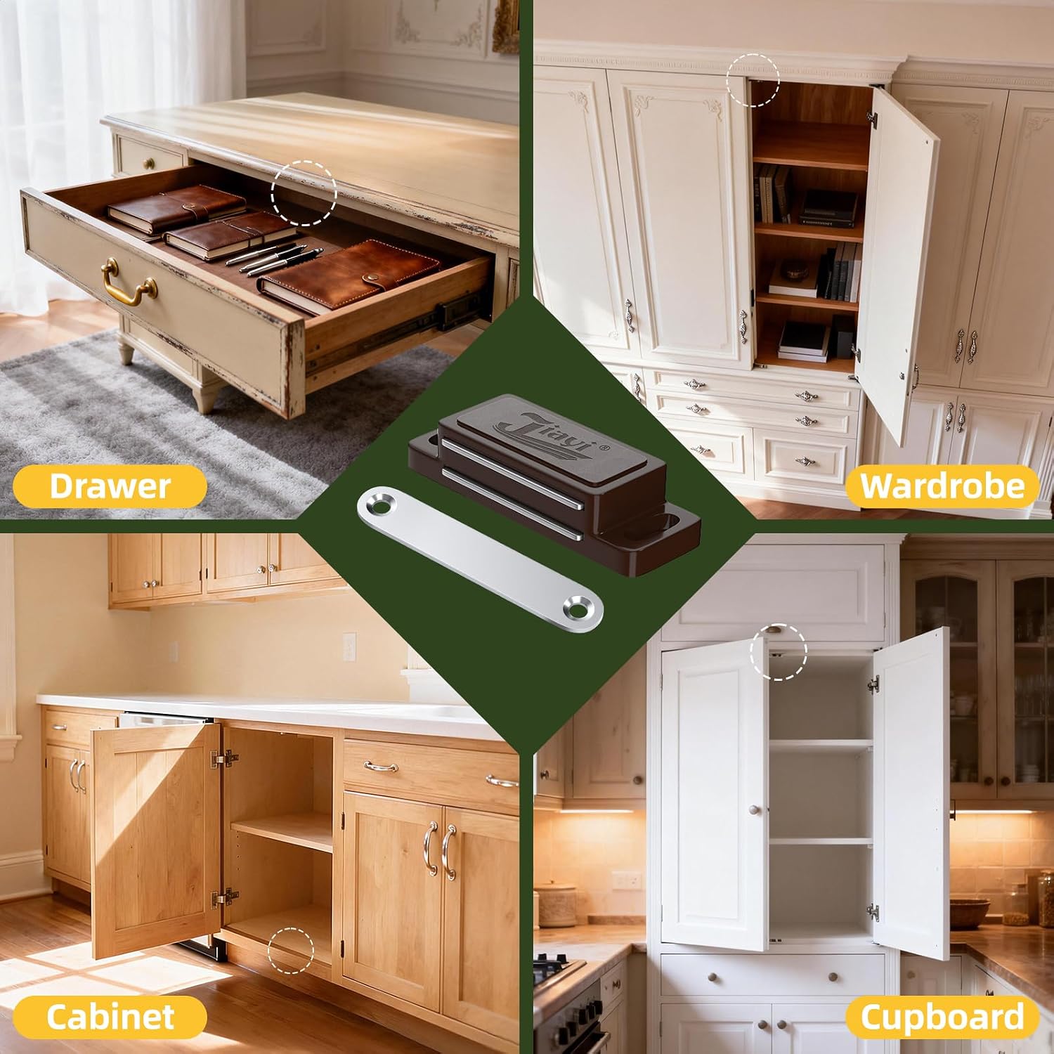Thumbnail 6 de Jiayi 4 Pack Plastic Magnetic Cabinet Door Catches – Self-Adhesive Brown