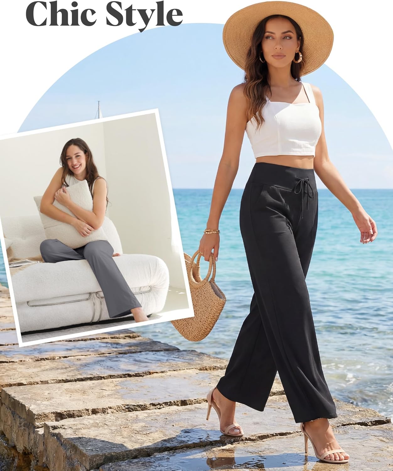 Detalle 2 de ZOOSIXX Capri Pants for Women – Wide Leg Loose Casual Trousers with Pockets, High-Waisted Drawstring Summer Pant