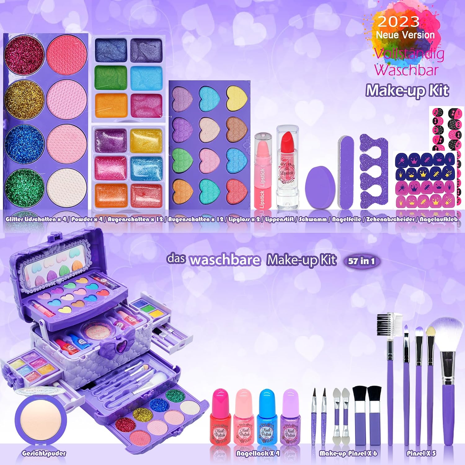 Detalle 2 de Kinderschminke Set Make-up Set „Dark Light Purple“ – 57-teiliges Kinder-Schminkkoffer-Spielzeug für Mädchen (4–12 Jahre)