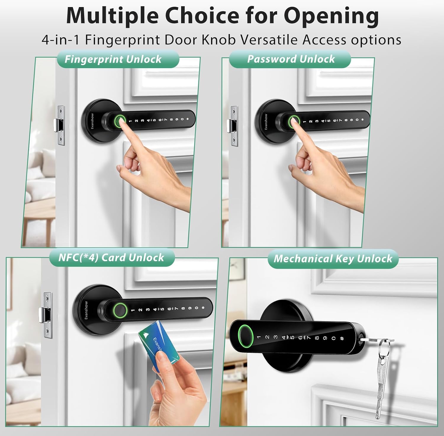 Thumbnail 1 de Evanshow Fingerprint Door Lock Biometric Door Knob with Keypad (Black) – 4-in-1 Smart Lock