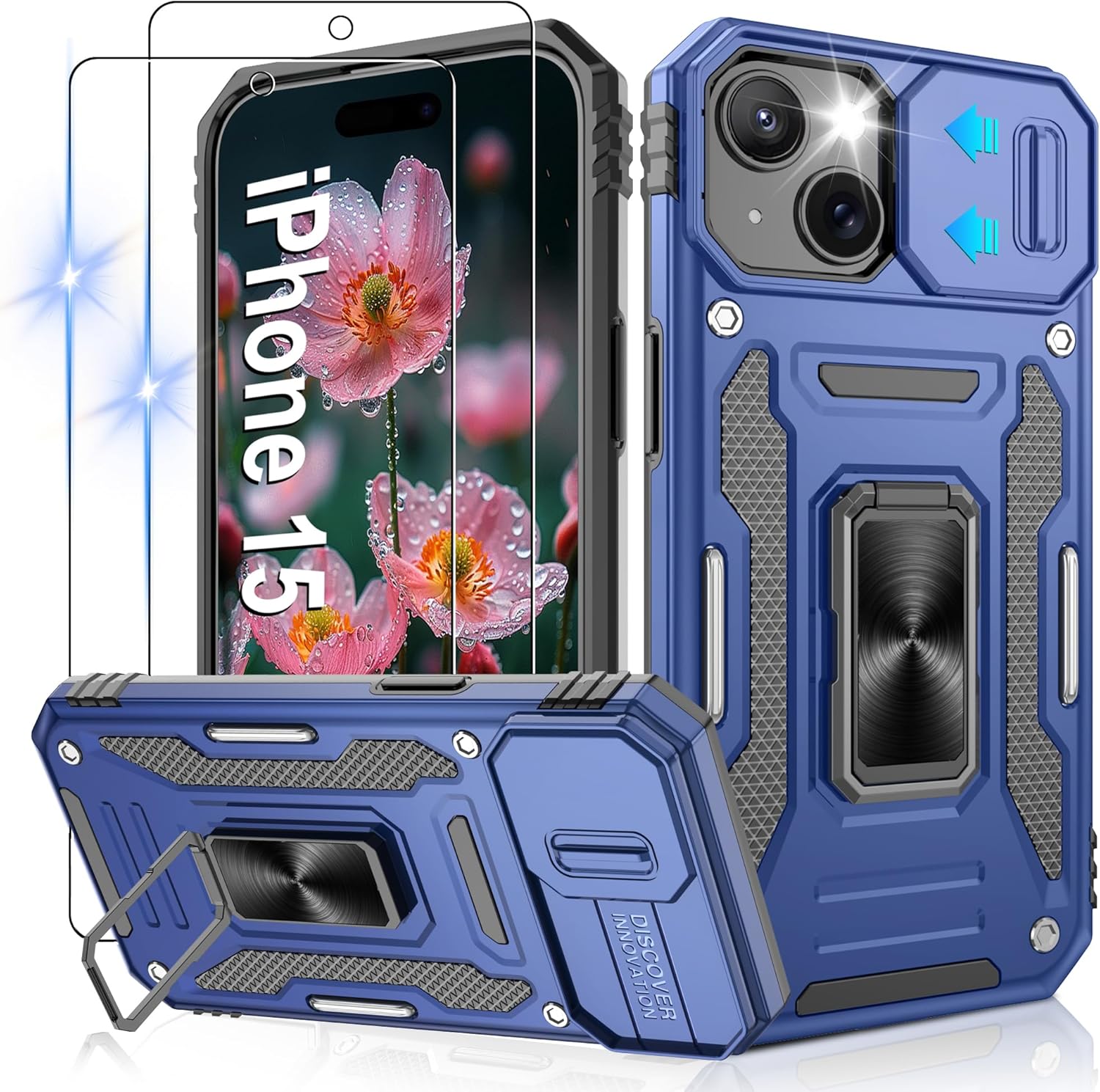 Detalle de Jshru iPhone 15 Case with Screen Protector & Magnetic Ring Kickstand