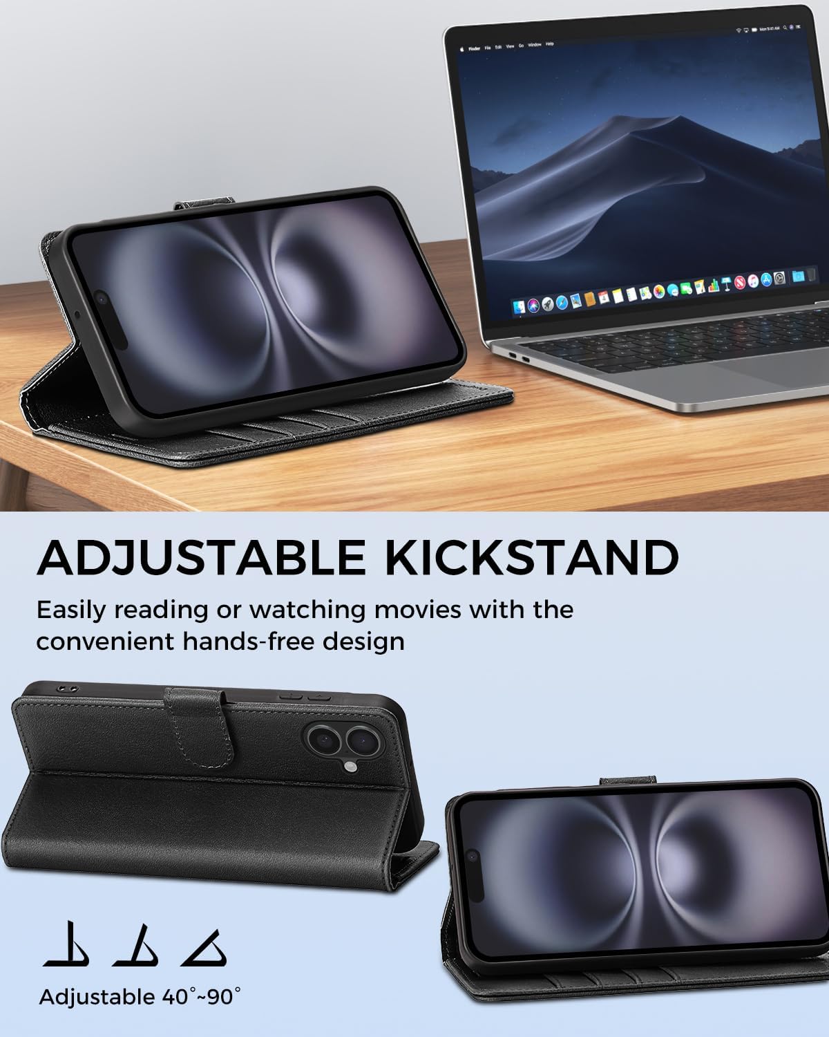 Thumbnail 4 de AIMOYU iPhone 16 Flip Wallet Case (Black) with 4 Card Slots, Kickstand & RFID Blocking