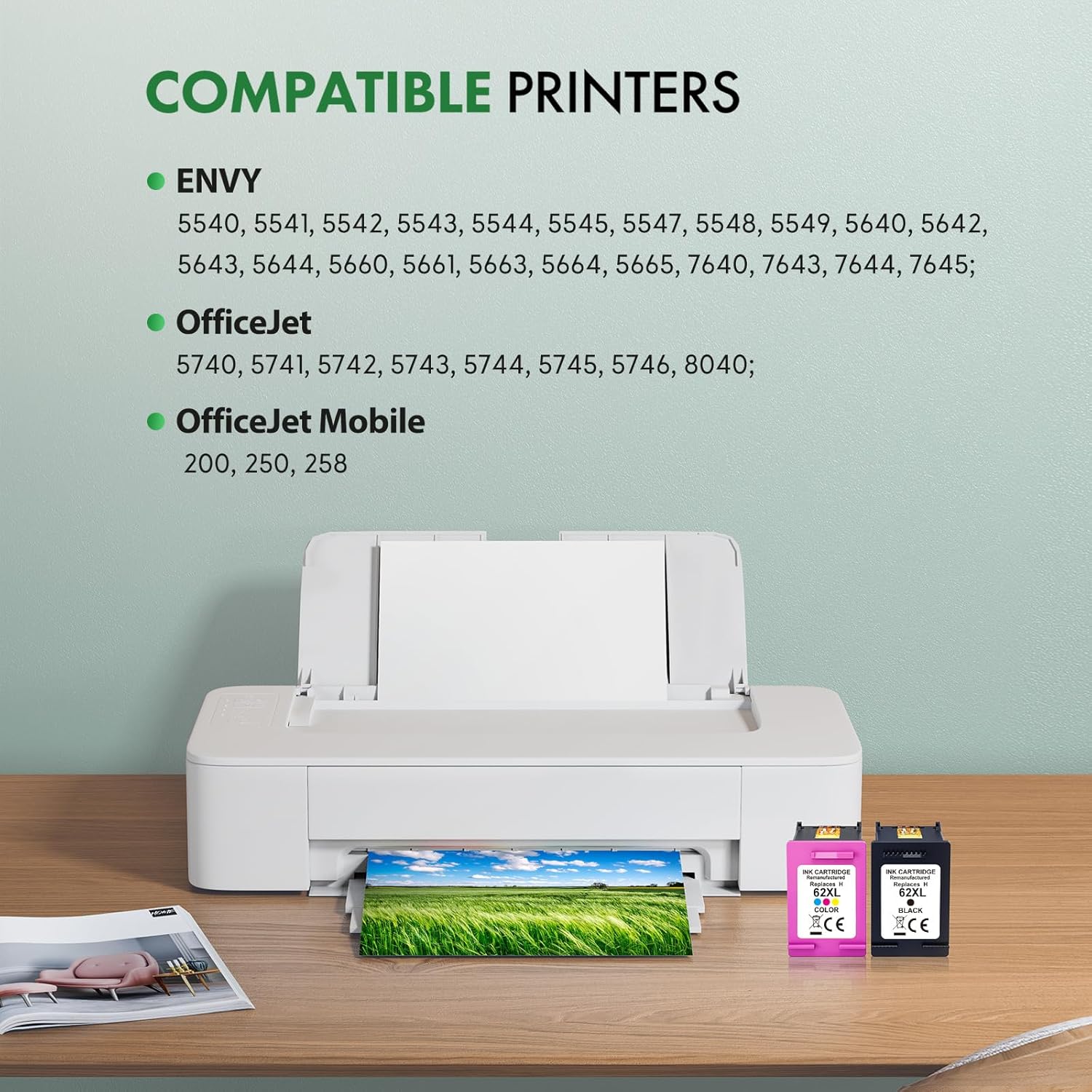 Detalle de BKBKC Compatible 62XL Ink Cartridge 2-Pack (Black + Tri-Color) for HP Envy & OfficeJet Printers