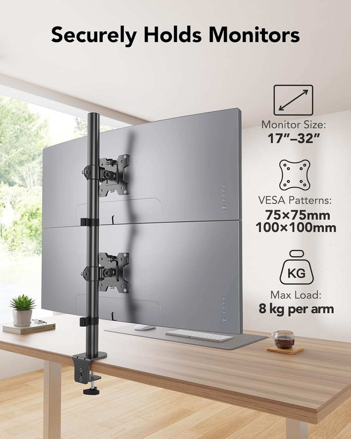 Thumbnail 1 de HUANUO Vertical Dual Monitor Stand | Stacked 2‑Monitor Arm for 17–32 Inch Screens