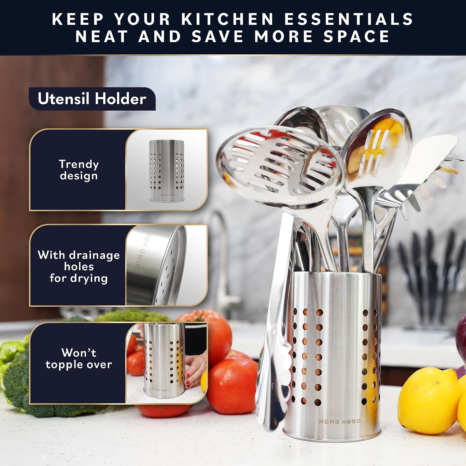 Detalle de Home Hero 10-Piece Stainless Steel Kitchen Utensils Set with Wood Handles (Silver & Wood)
