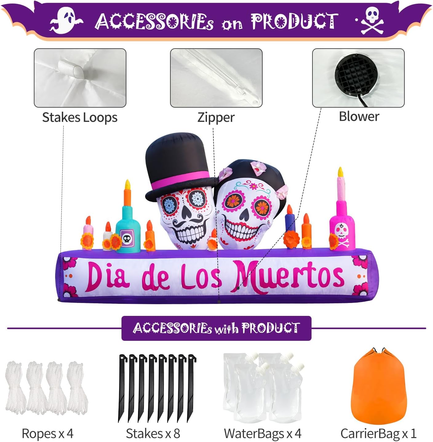 Detalle de DomKom Sugar Skulls Altar 8FT Inflatable Halloween Decoration with LEDs