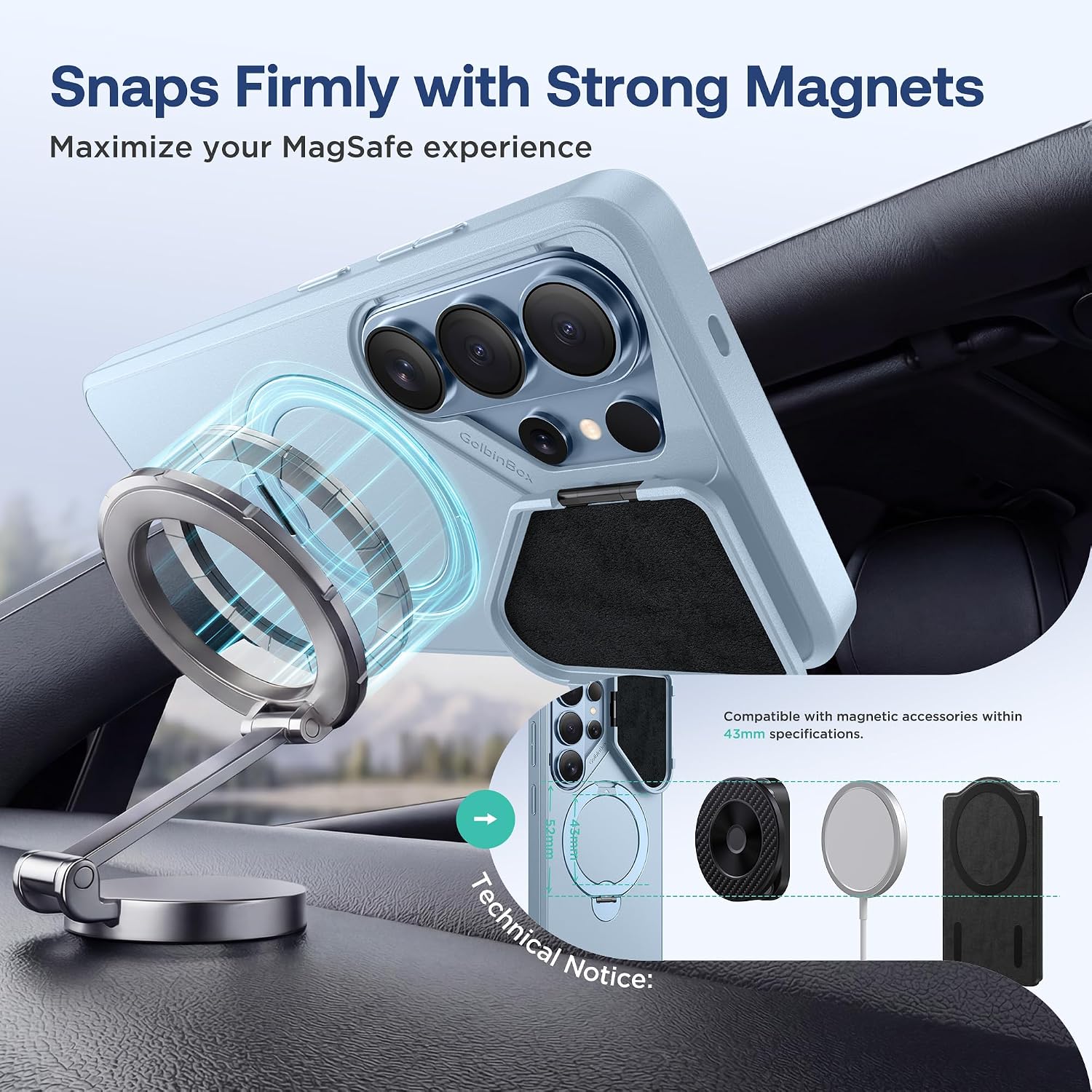 Detalle de GolbinBox 360 Adjustable Magnetic Stand Case for Samsung Galaxy S26 Ultra (Cream Blue) — Flip Camera Cover & Matte Anti-Slip Grip