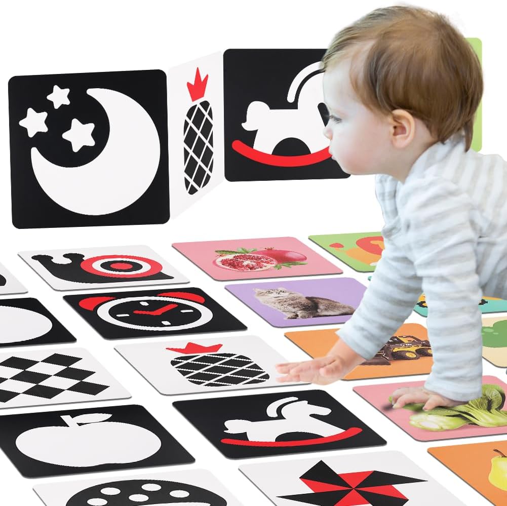 Aolso Flash Cards Giochi Neonato, 80 pezzi ad alto contrasto (bianco e nero e colorate) per stimolazione visiva