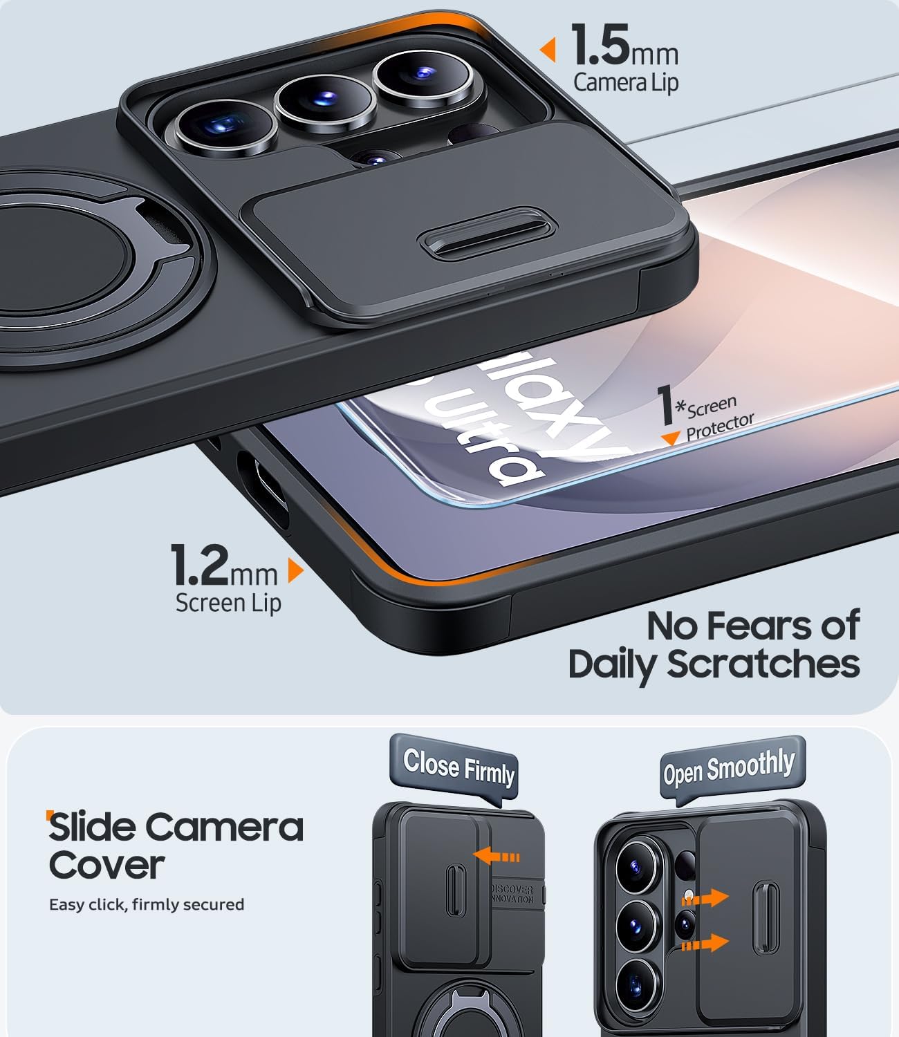 Thumbnail 4 de JAME for Samsung Galaxy S26 Ultra Case with 360° Ring Stand, Slide Camera Cover & Tempered Glass Protector (Black)