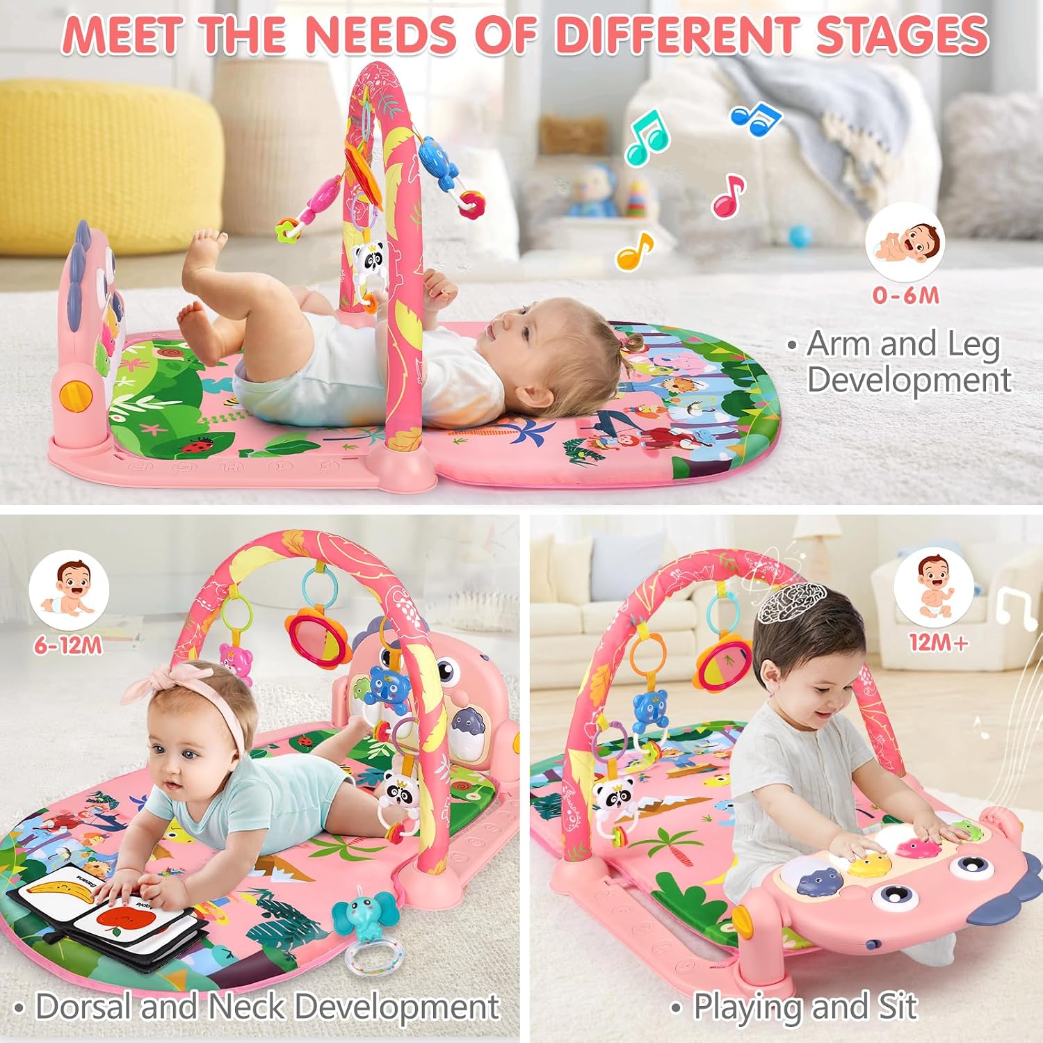 Detalle de UMIKU Baby Play Mat, Pink Dinosaur Activity Gym with Piano and High-Contrast Books
