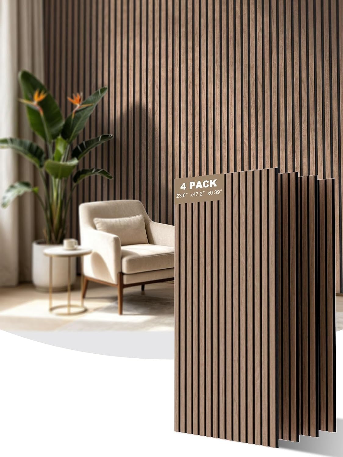 Detalle de AKUMAX Waterproof Wood Slat Acoustic Wall Panels, Walnut, 4-Pack, NRC 0.80