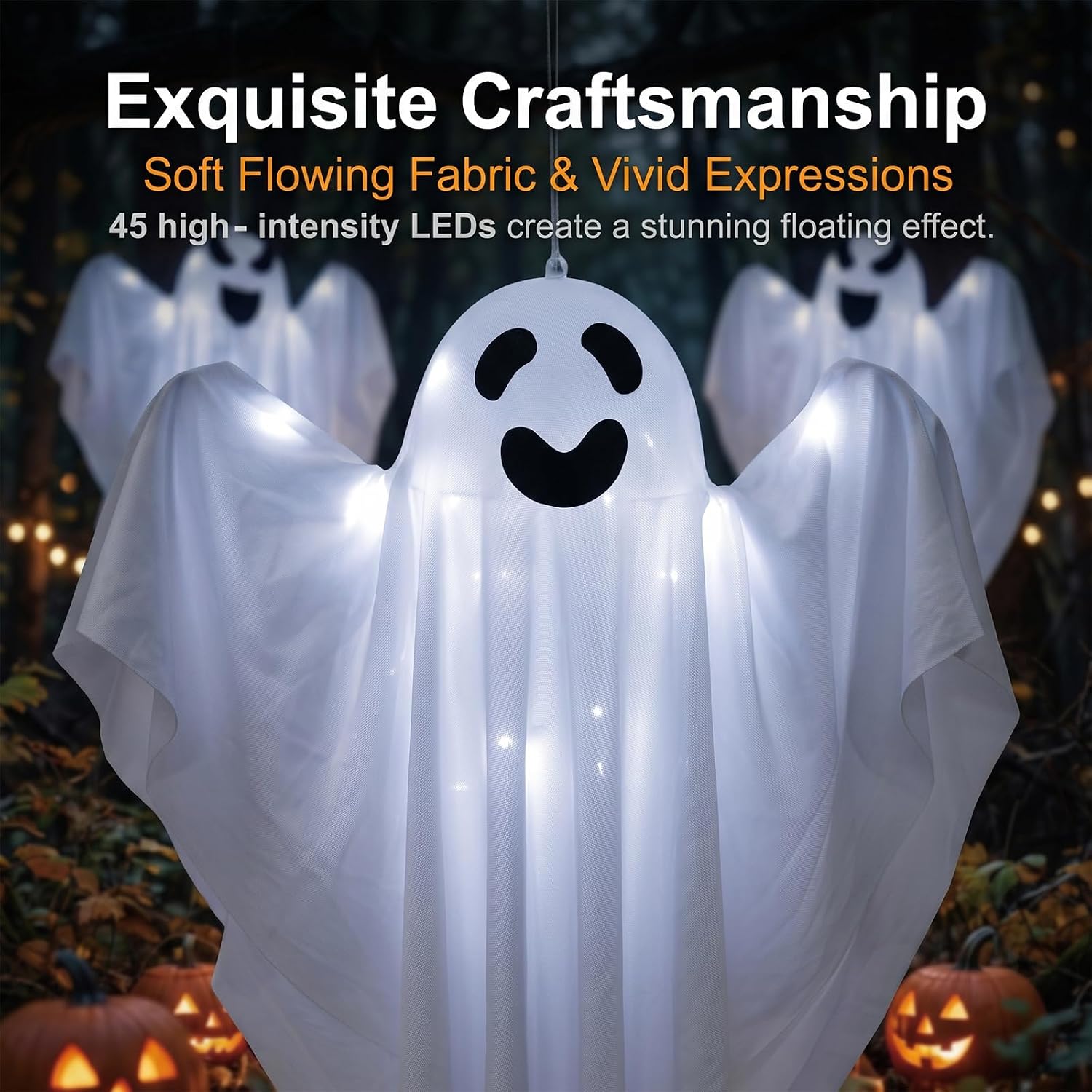 Detalle de BCLGSHINE 3-Pack Hanging Ghost Decorations, 32-Inch with 45 LEDs and Witch Hats