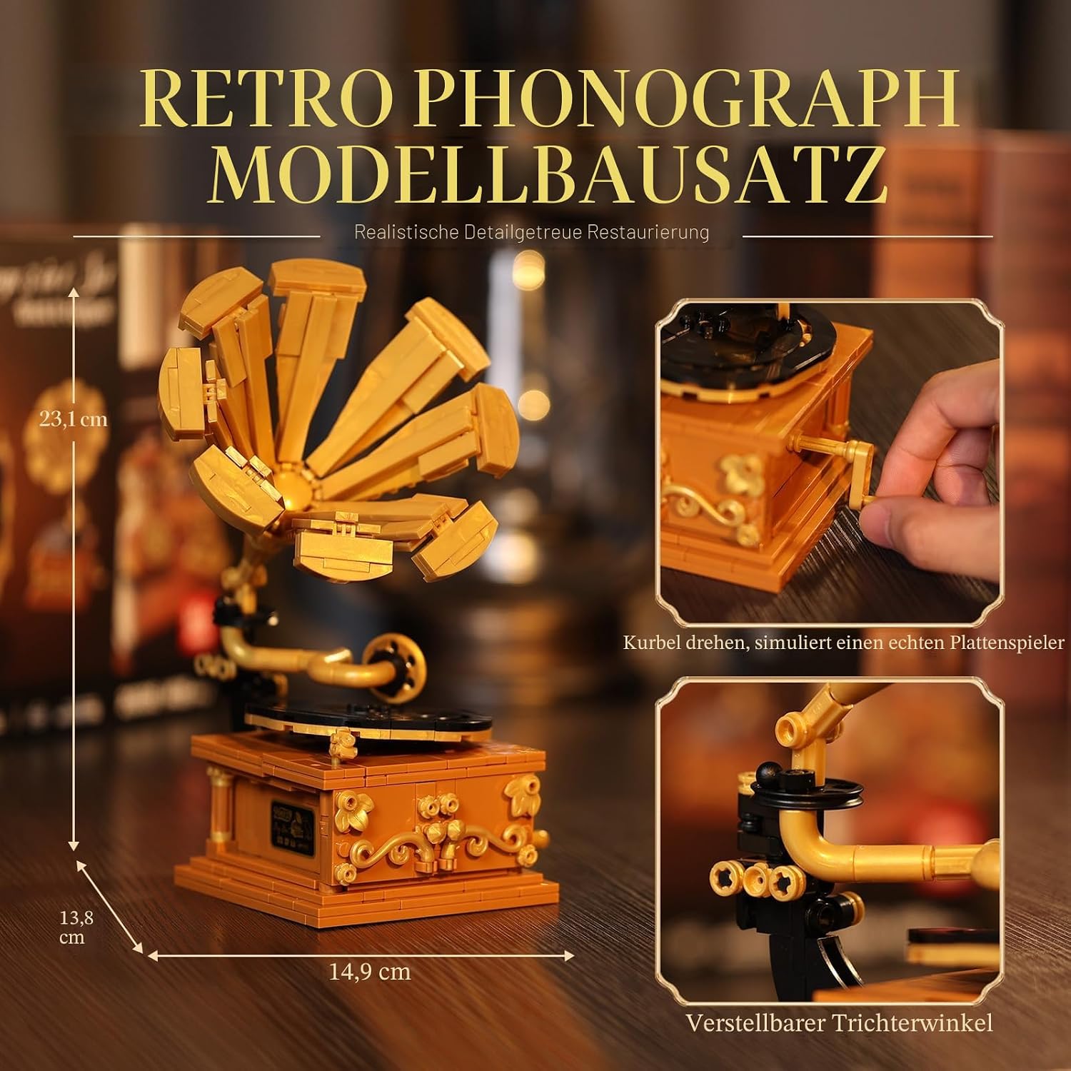 Detalle de JMBricklayer 3 in 1 Retro-Bausteinset für Erwachsene – Vintage Plattenspieler, Kurbeltelefon und Kamera im 19. Jahrhundert