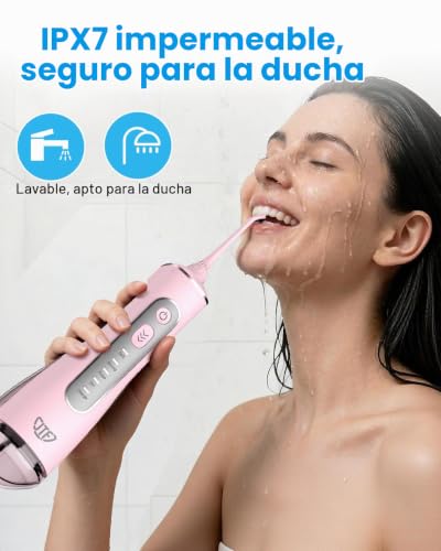 Detalle 1 de JTF Irrigador bucal eléctrico de 300 ml rosa, 3+1 modos y 6 boquillas
