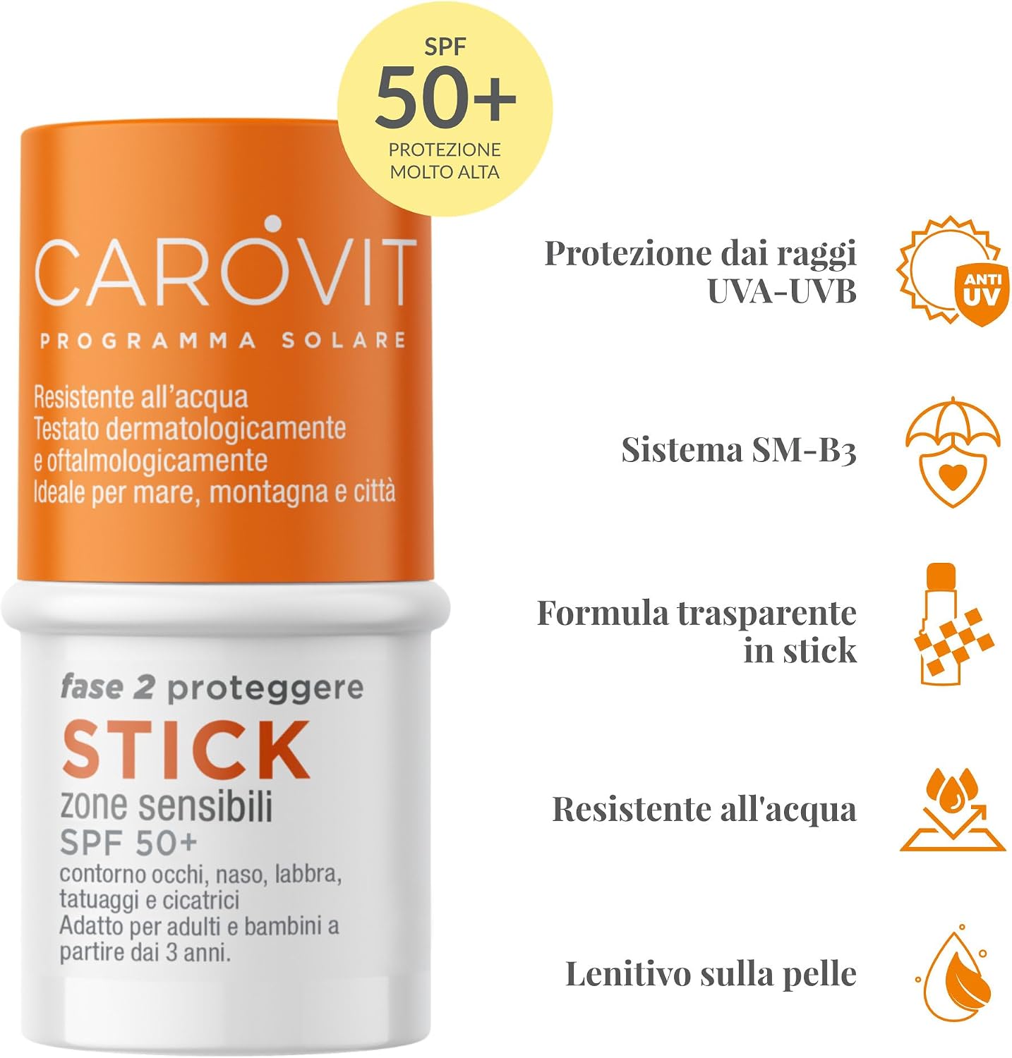 Detalle 2 de Carovit Protezione Solare Stick SPF 50+ per Zone Sensibili, 4 ml – protezione UVA/UVB trasparente