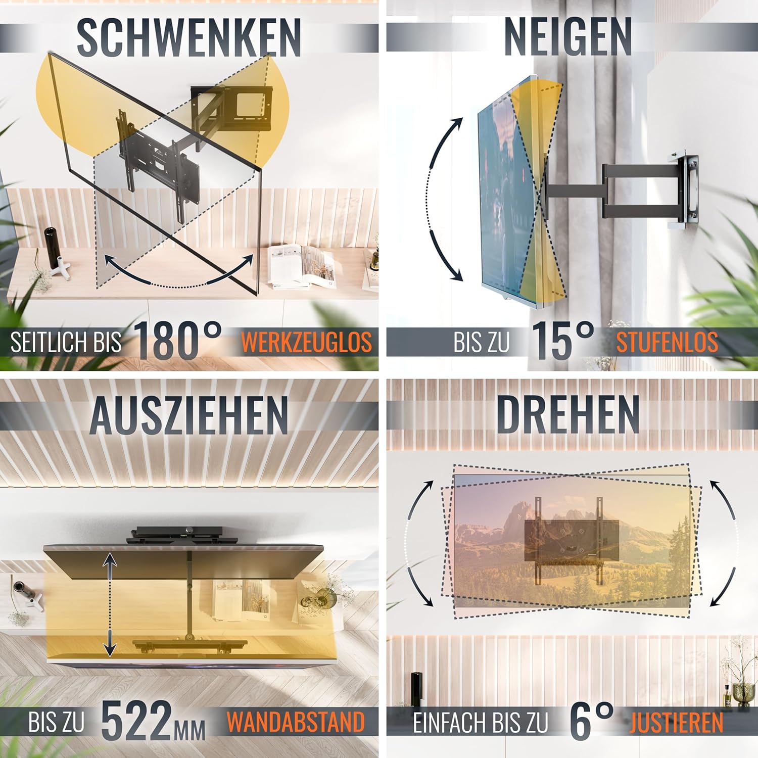 Detalle de RICOO TV Wandhalterung R23-F Schwenkarm für 40–75 Zoll, VESA 400x400, Tragkraft 95 kg