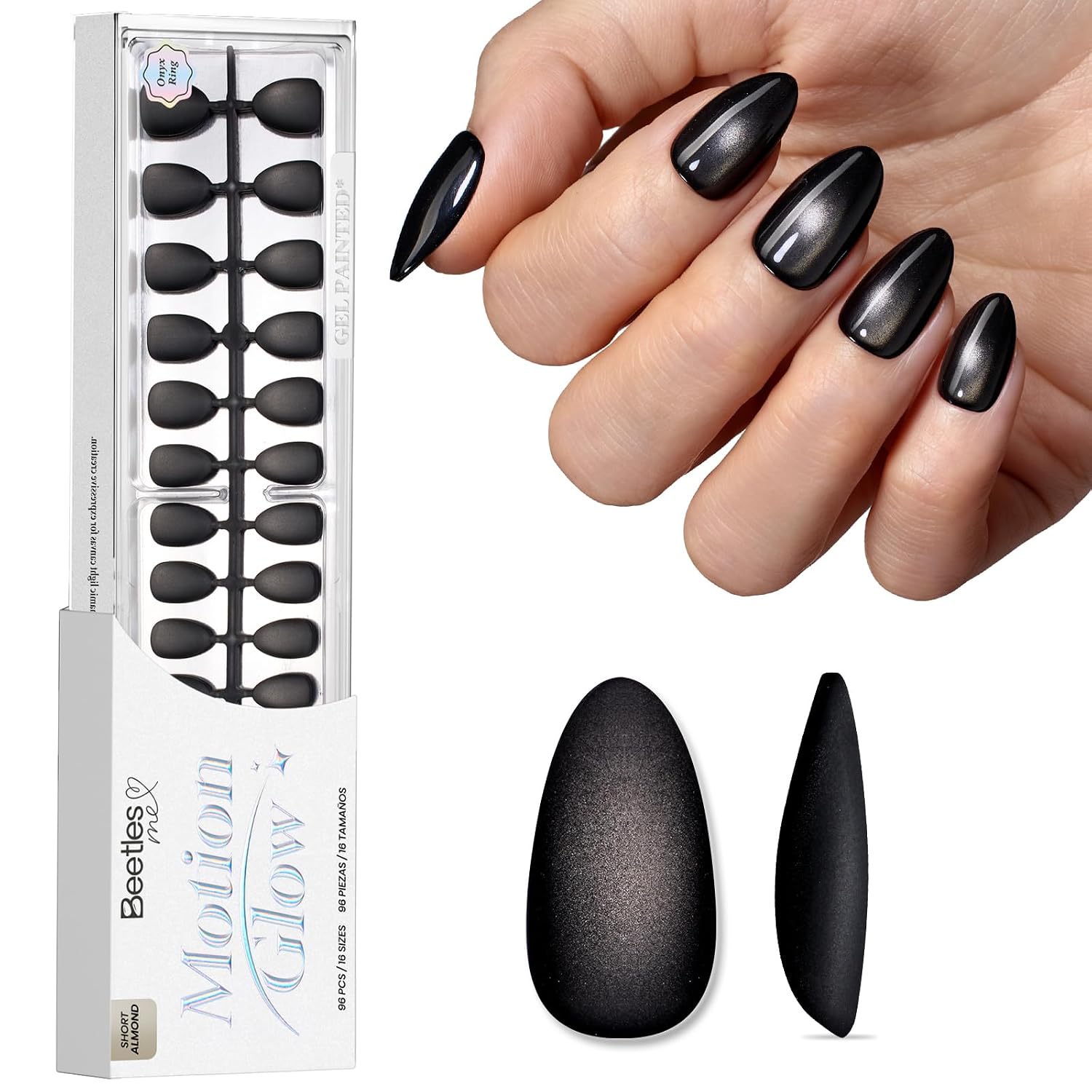 Detalle de Beetles Enchanted Aurora Cat Eye Press On Nails (Gel Polish) — Medium Almond, 7 Colors, 16 Sizes, 224 Pieces