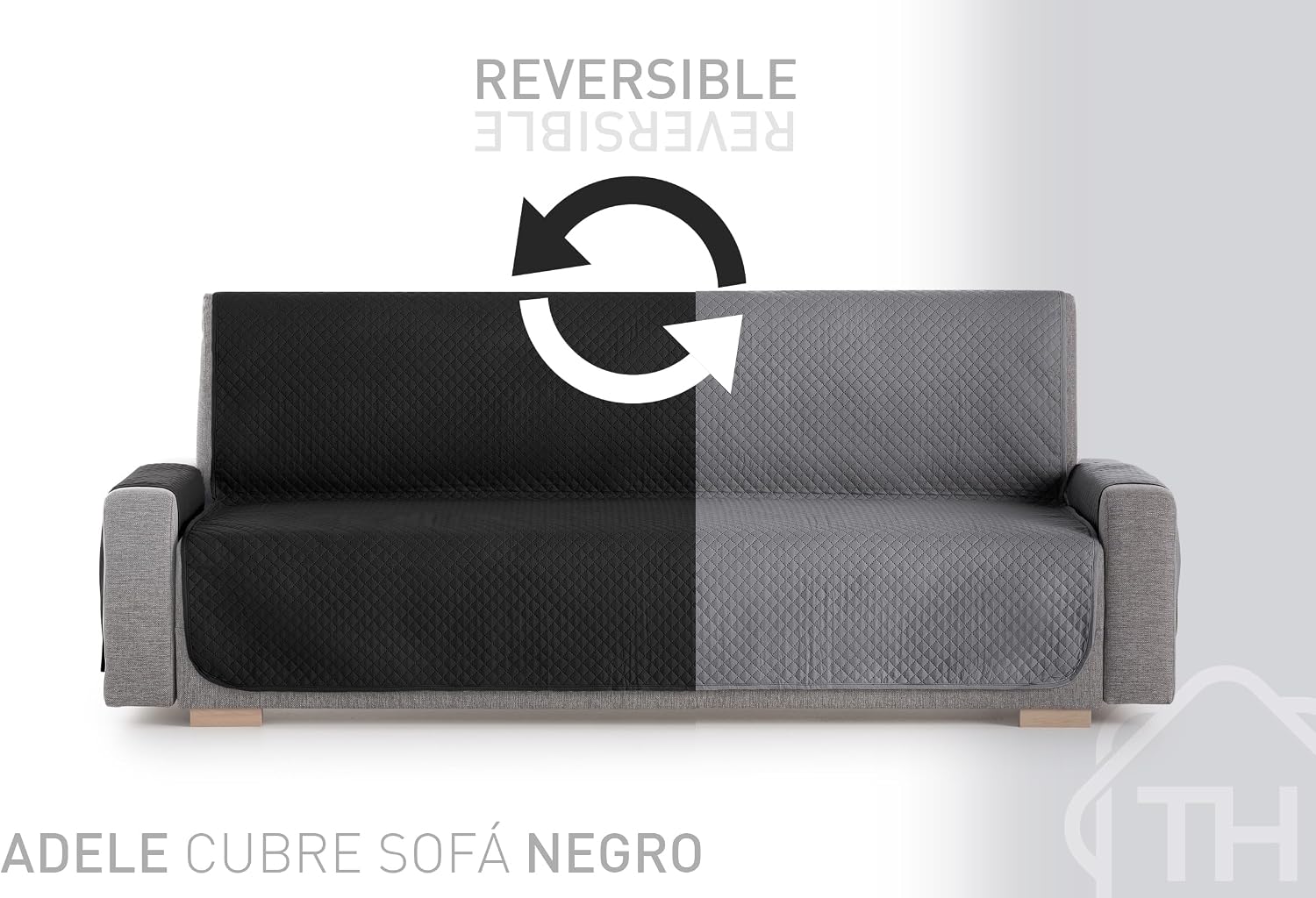 Detalle de Textilhome Copridivano Adele – Copri Divano 4 Posti con Braccioli, Nero, Trapuntato Reversibile