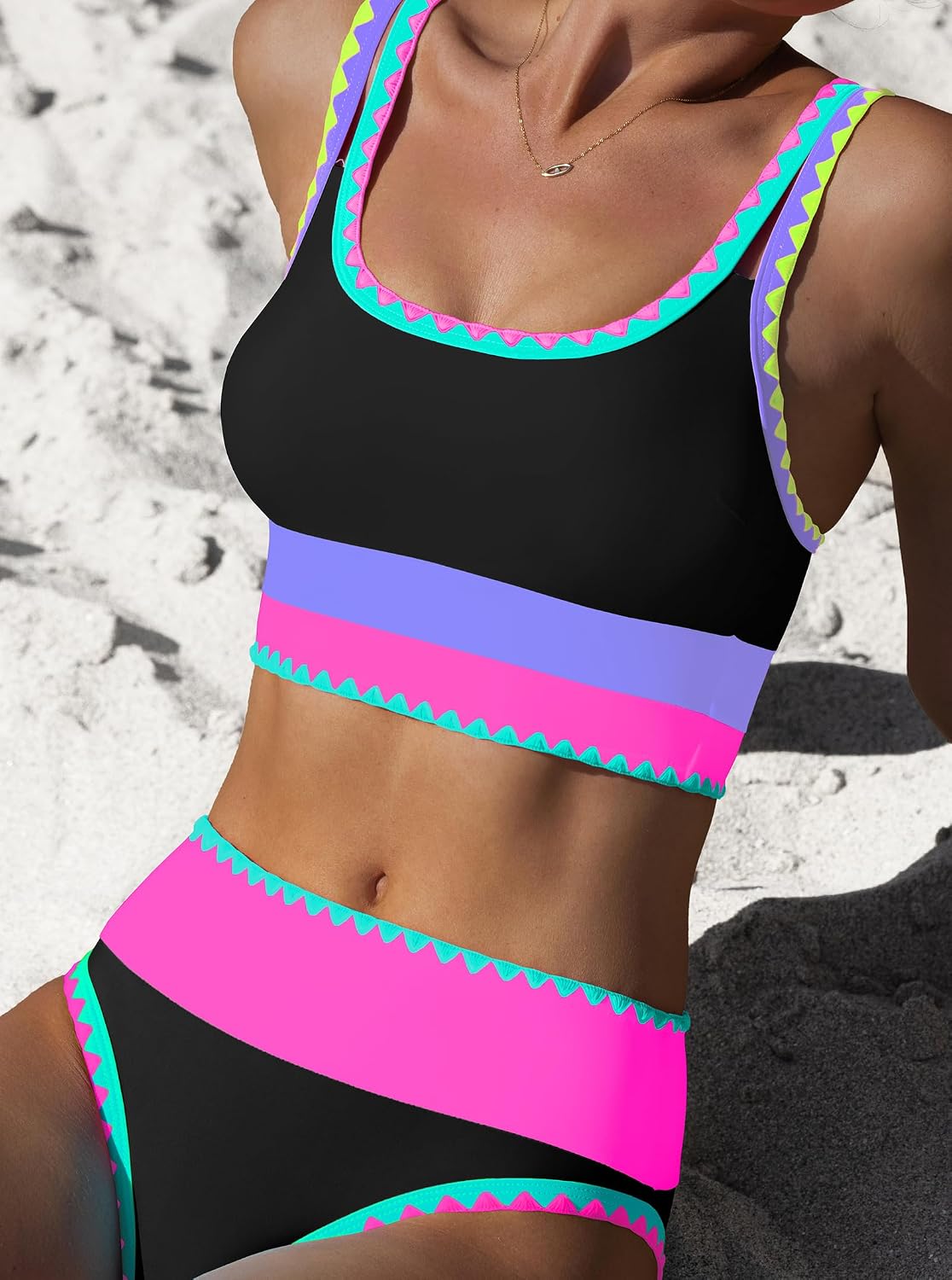 Detalle 2 de popvil High Waisted Bikini Sets for Women Tummy Control (3-Piece Neon Swimsuit with Skirt) 2026