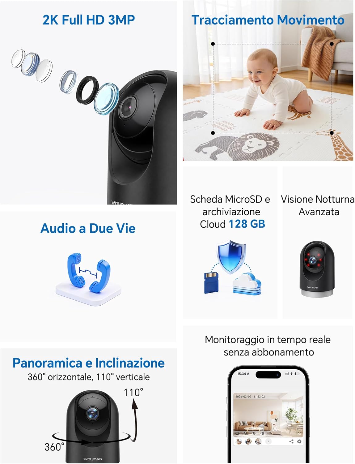 Thumbnail 1 de WOLFANG Telecamera Wi‑Fi Interna 2K 2 pezzi con Rilevamento Movimento e Visione Notturna – Monitoraggio per Cani e Casa