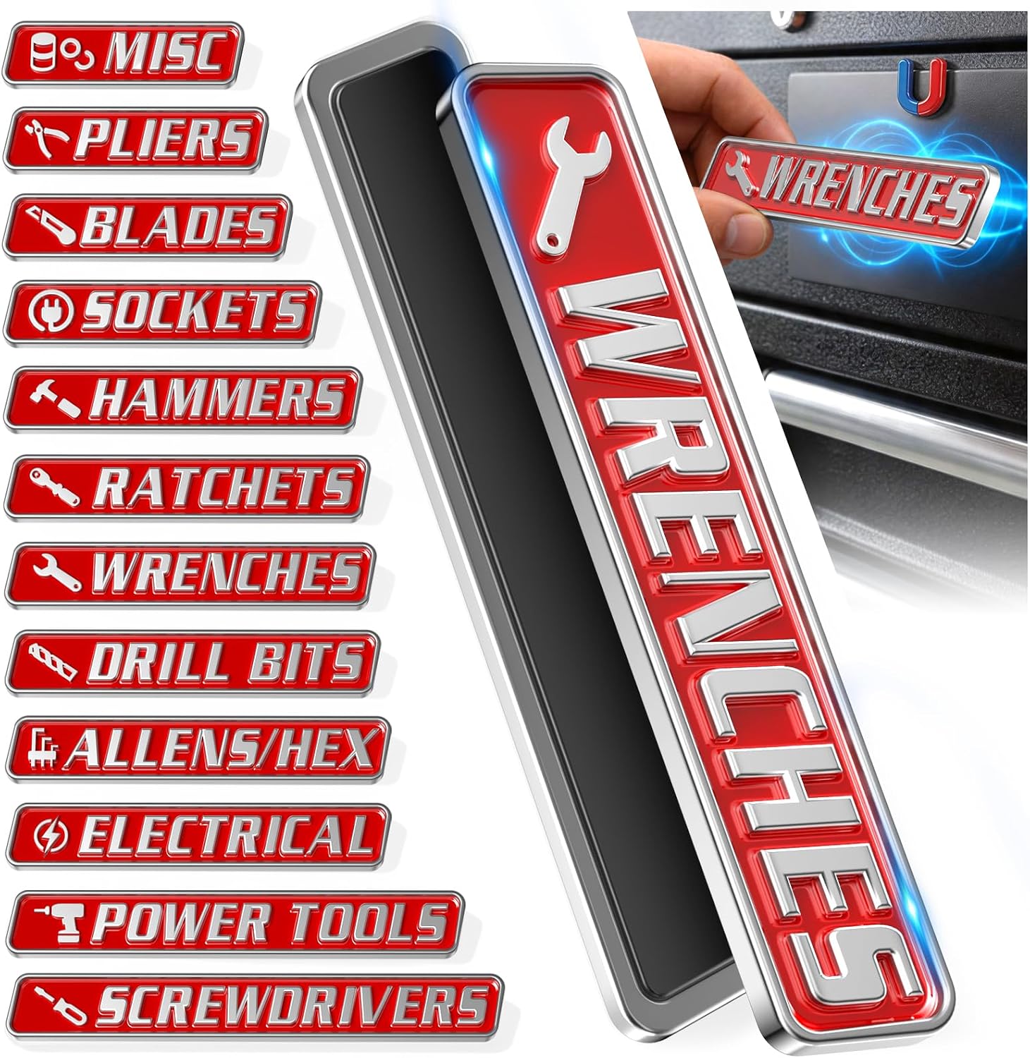 Detalle de VTRUSTA Toolbox Labels, 12-Piece Magnetic Metal Tool Box Labels, Red
