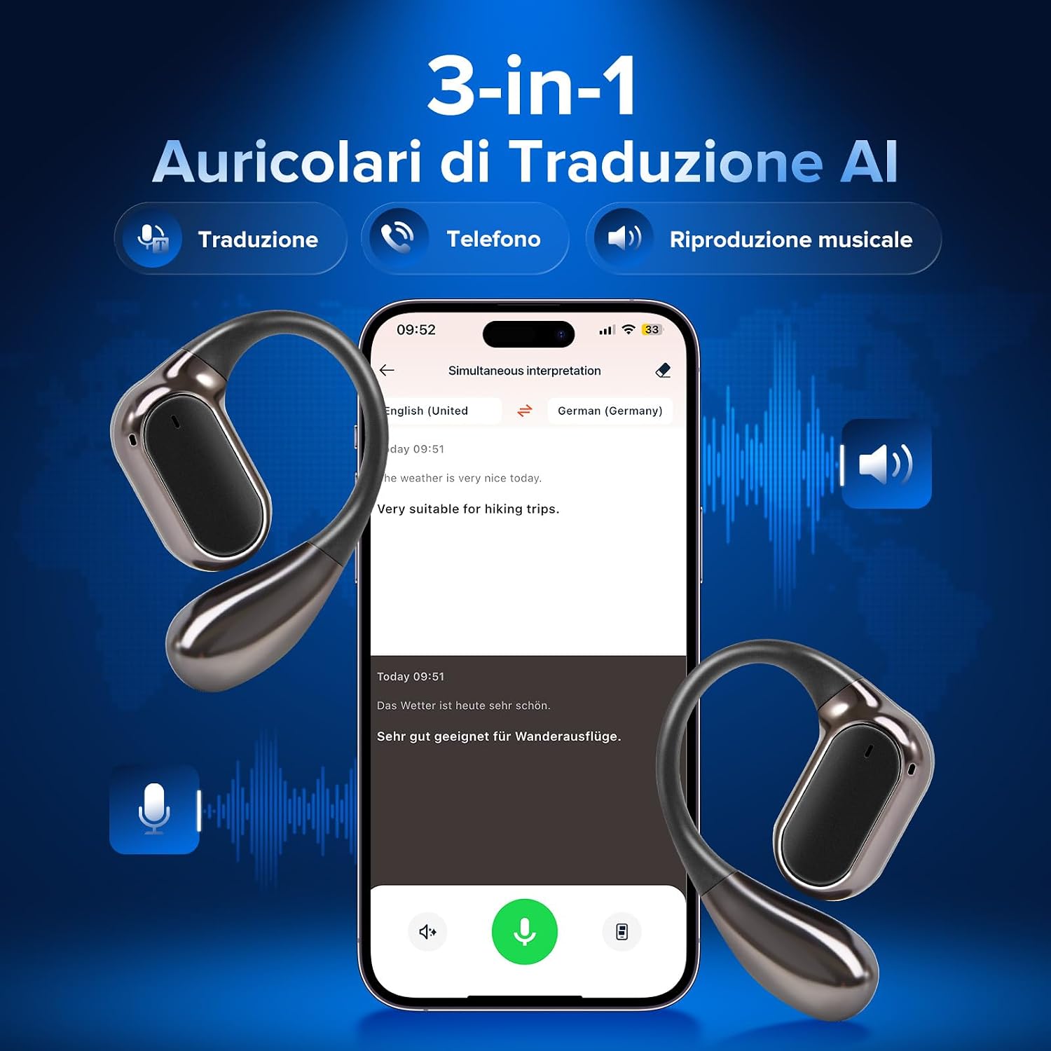 Detalle de Cuffie Traduttore con Traduzione Simultanea a 145 Lingue – Auricolari Bluetooth 5.4 con ANC e AI integrata