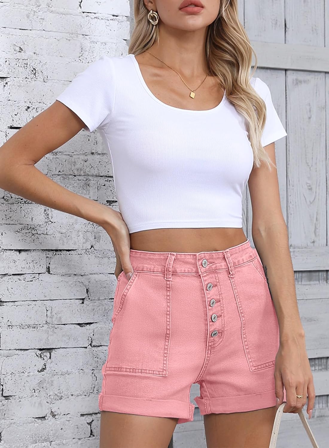 Thumbnail 1 de Sidefeel Women's Jean Shorts: High-Waisted Stretch Denim with Buttoned Folded Hem