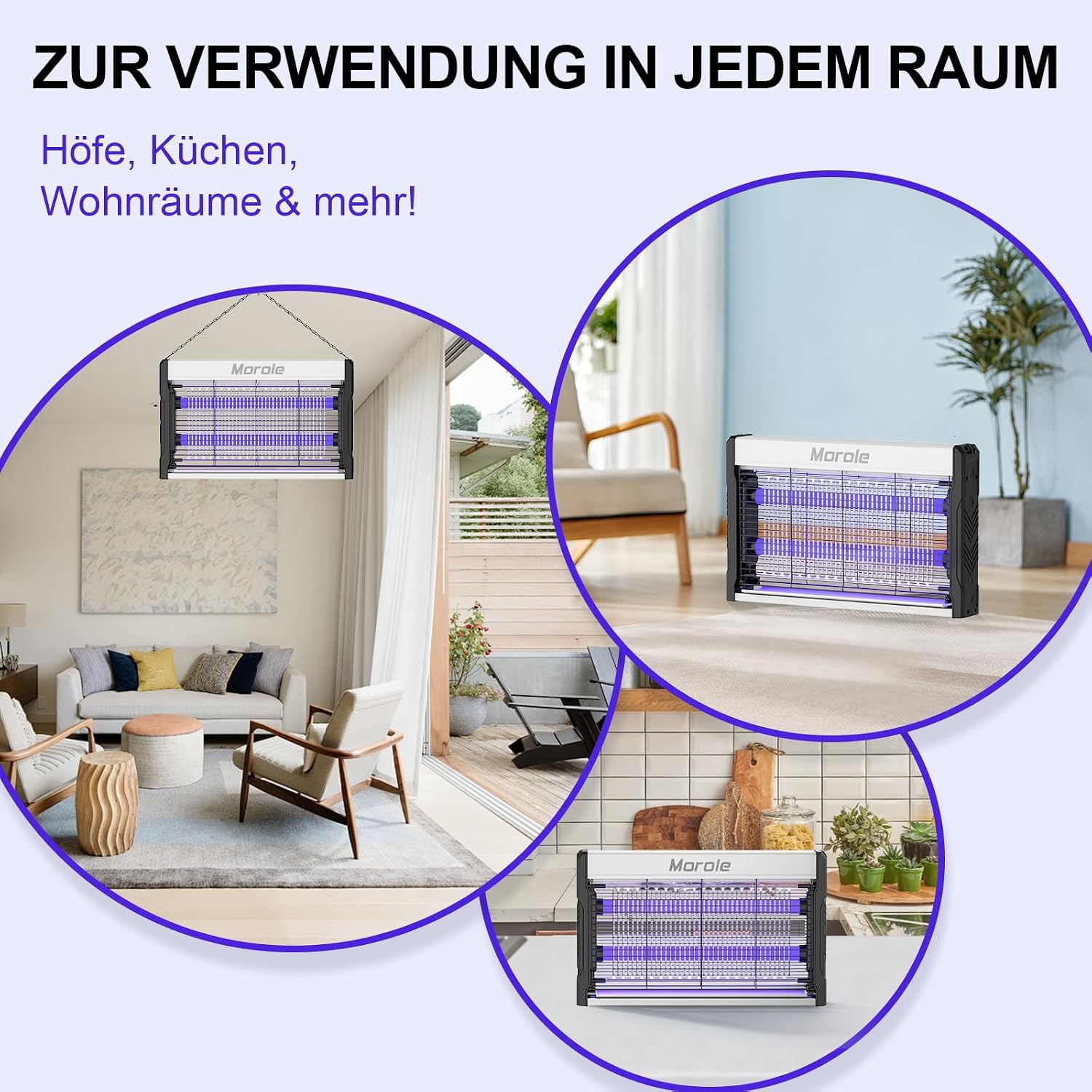 Detalle de Morole 3200V Insektenvernichter – 2 UV LED-Lampen, Wandmontage, Kabellösung, Innen & Außen