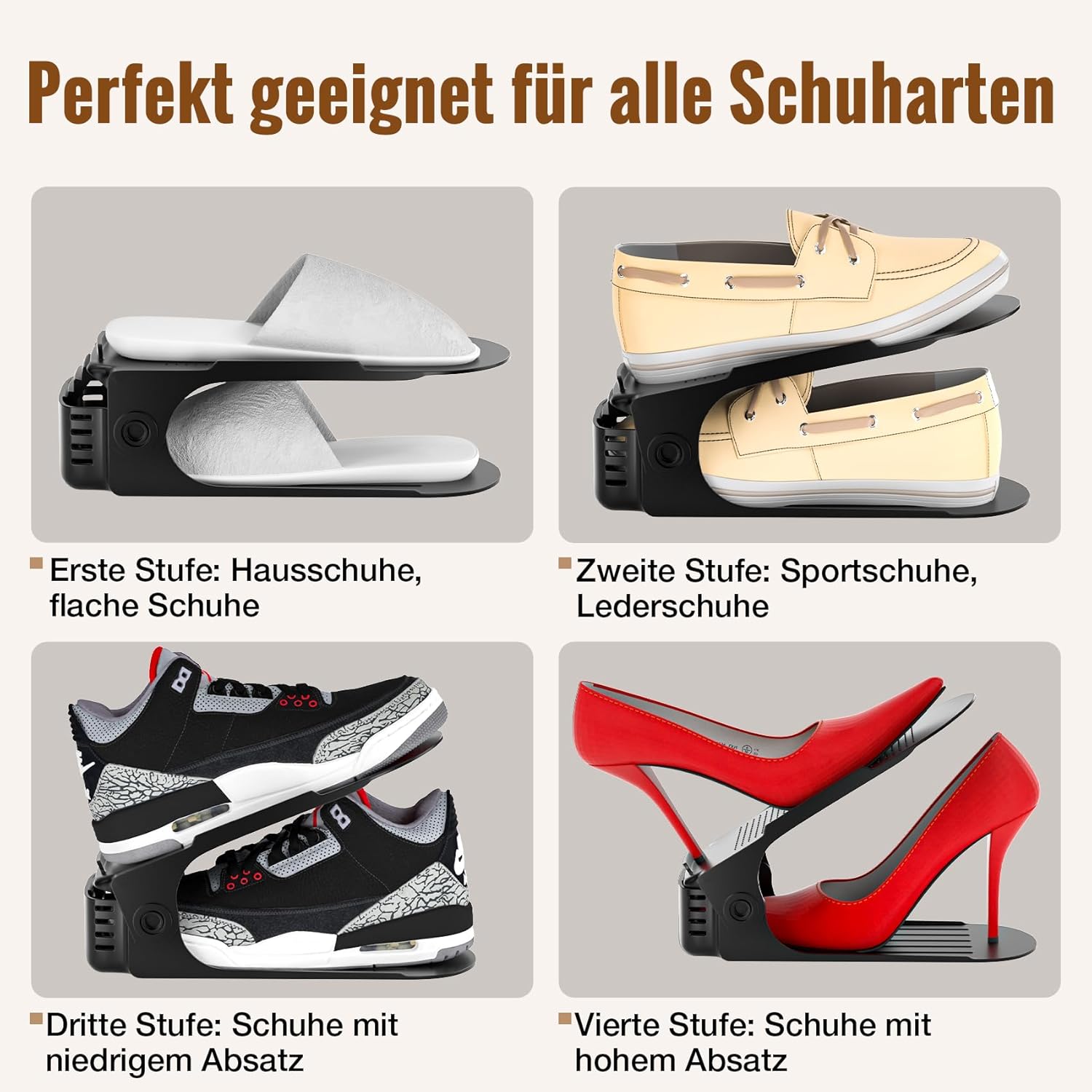Detalle 2 de 20 Stück Schuhstapler Platzsparend – Schuhorganizer für platzsparende Schuhaufbewahrung, verstellbar 4-Stufen, rutschfest, Schwarz