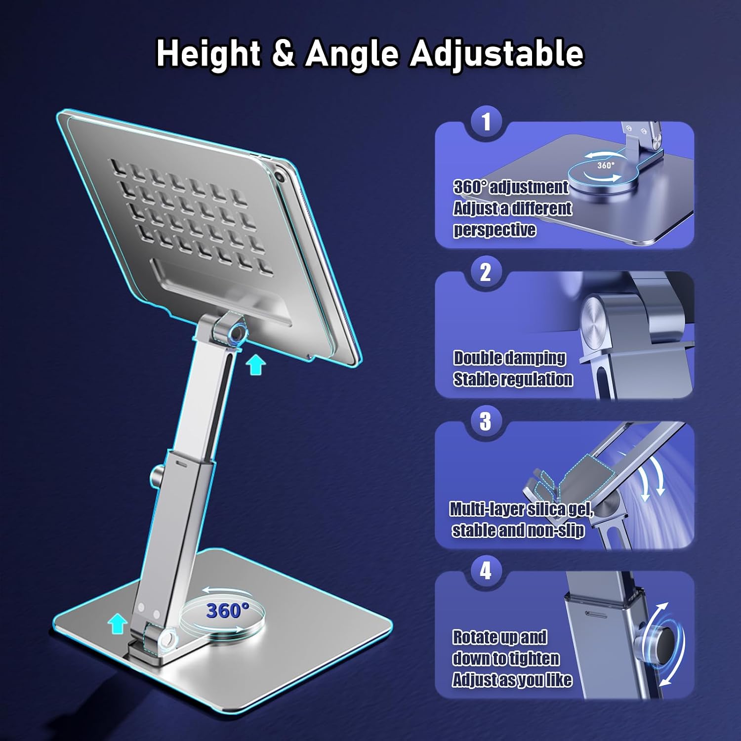 Thumbnail 1 de iPad Tablet Ständer (Höhenverstellbar, 360° drehbar) aus Aluminium – faltbarer Schreibtischhalter für iPad Pro & iPad Air