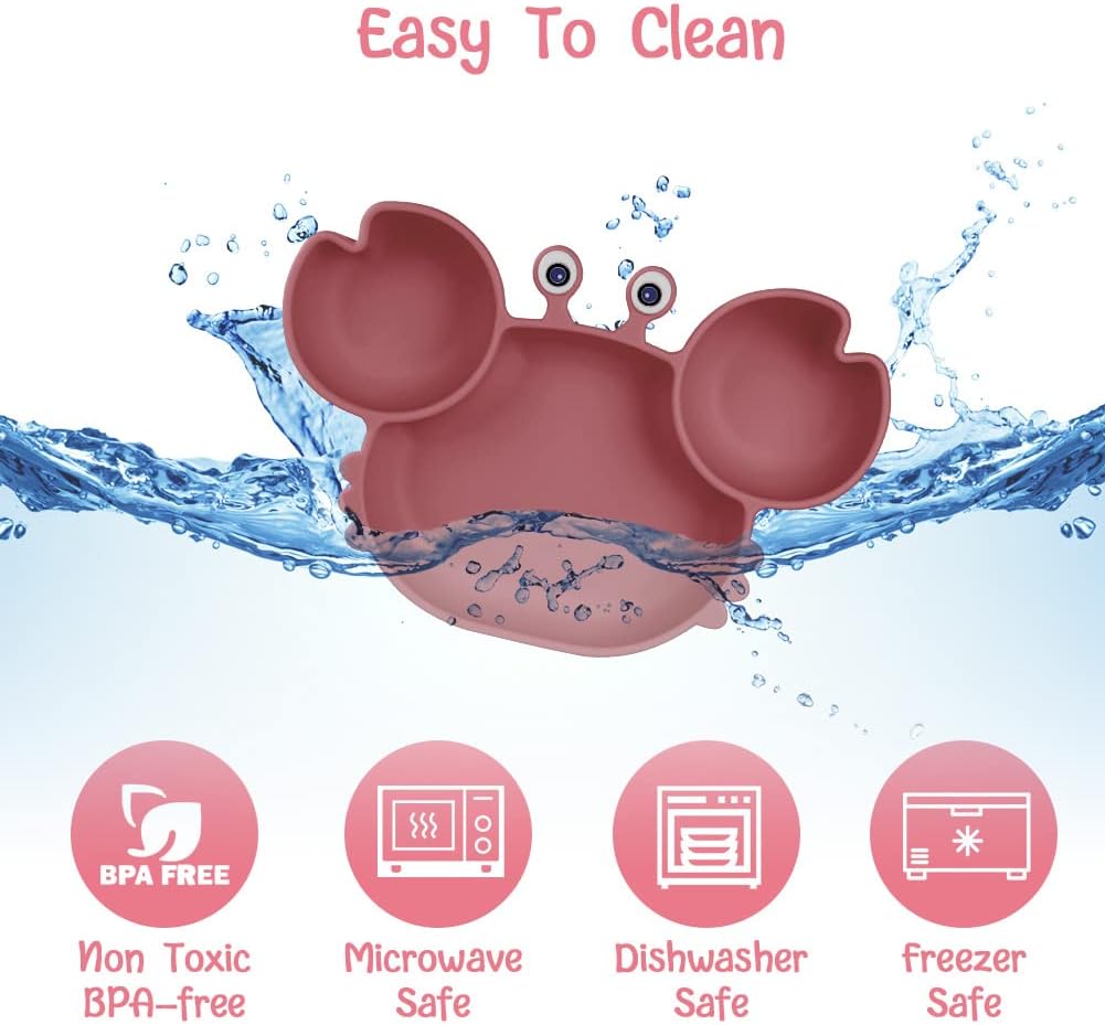 Thumbnail 5 de Vicloon Assiette Ventouse pour Bébé – 3 compartiments en silicone, lavable au lave-vaisselle et micro-ondes (Rose Rouge)