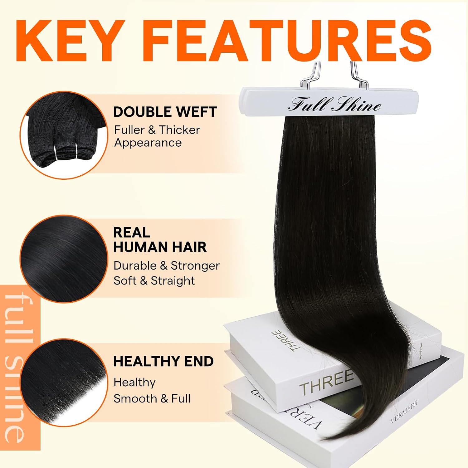 Detalle 2 de Full Shine Sew In Hair Extensions Real Human Hair – Double Weft Jet Black (22Inch, 105G)