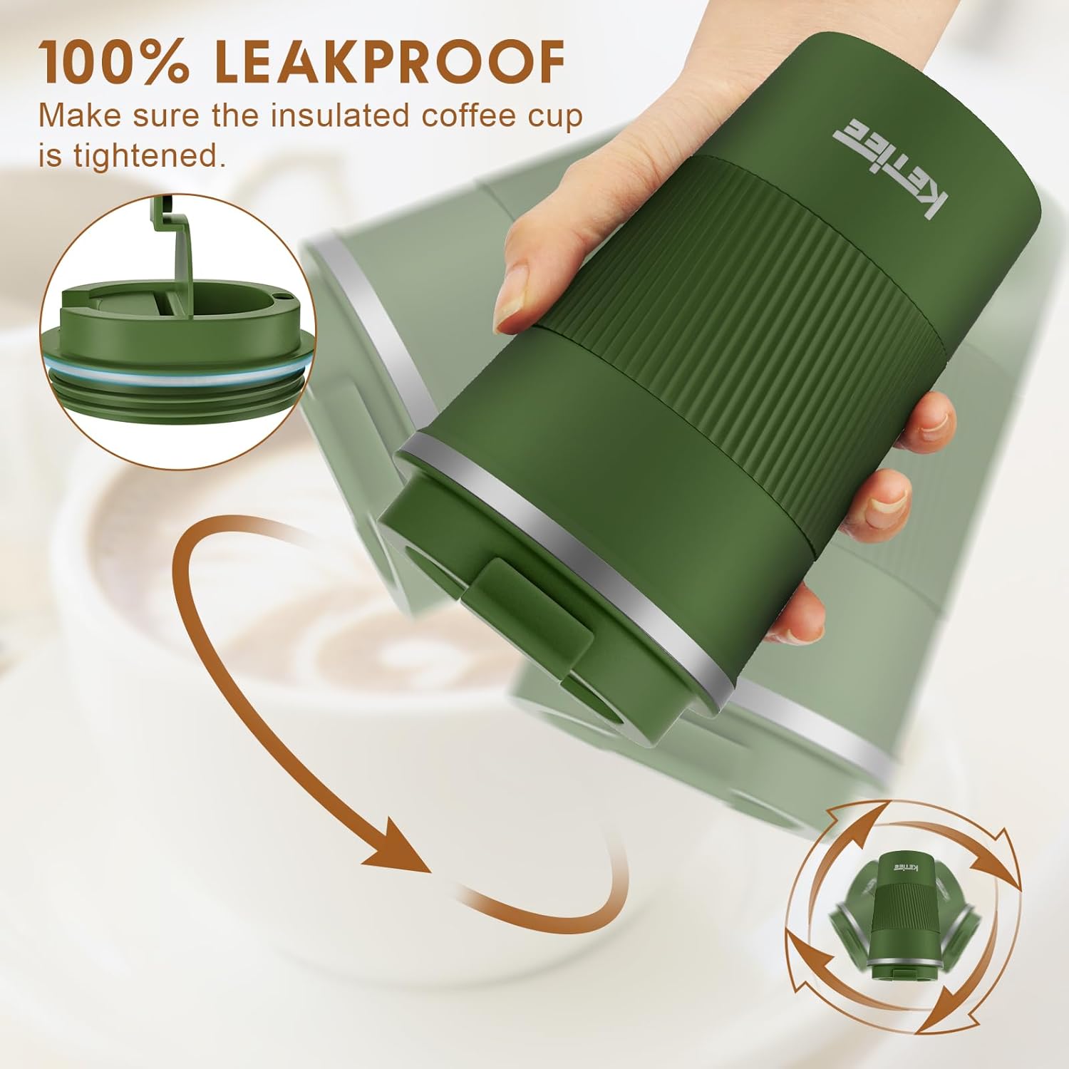 Detalle de KETIEE Kaffeebecher to go – 380 ml, doppelwandiger Thermobecher mit auslaufsicherem Deckel in Olivgrün