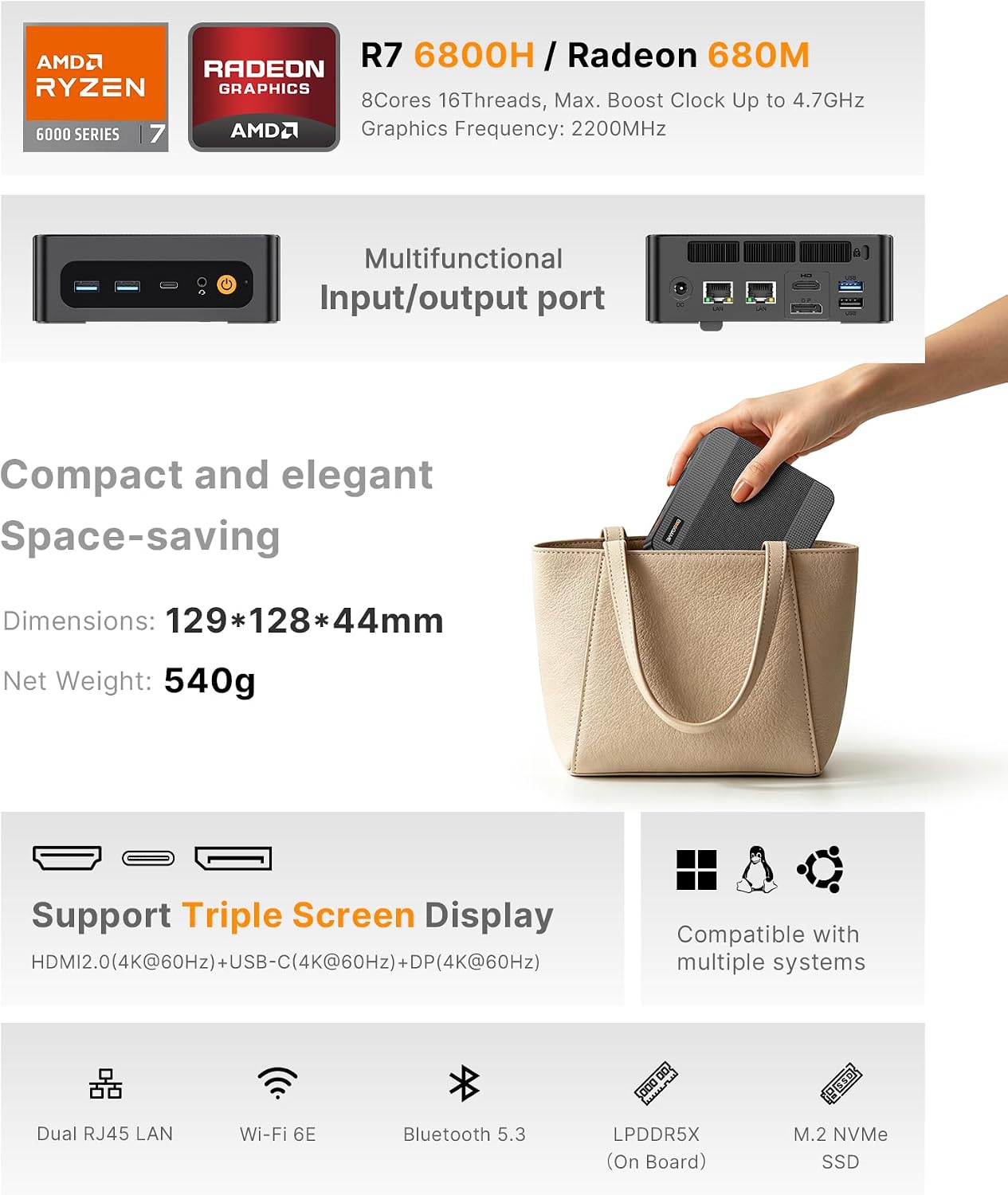 Detalle 2 de Bosgame E2 Mini PC with Ryzen 5 3550H: 16GB RAM, 512GB SSD, Triple 4K Display