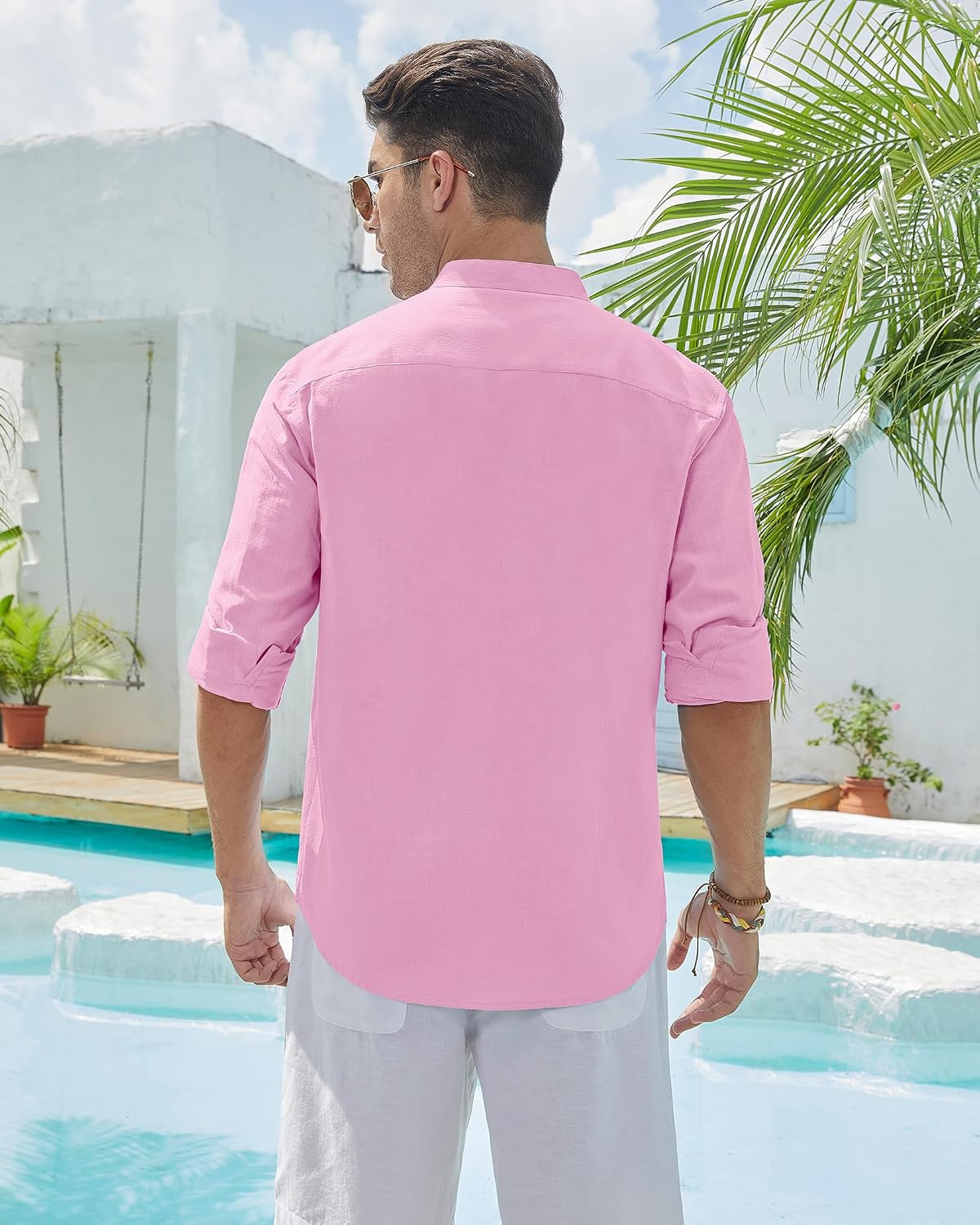 Detalle de siliteelon Leinenhemd Herren Langarm mit Stehkragen – Regular Fit, Baumwolle/Leinen