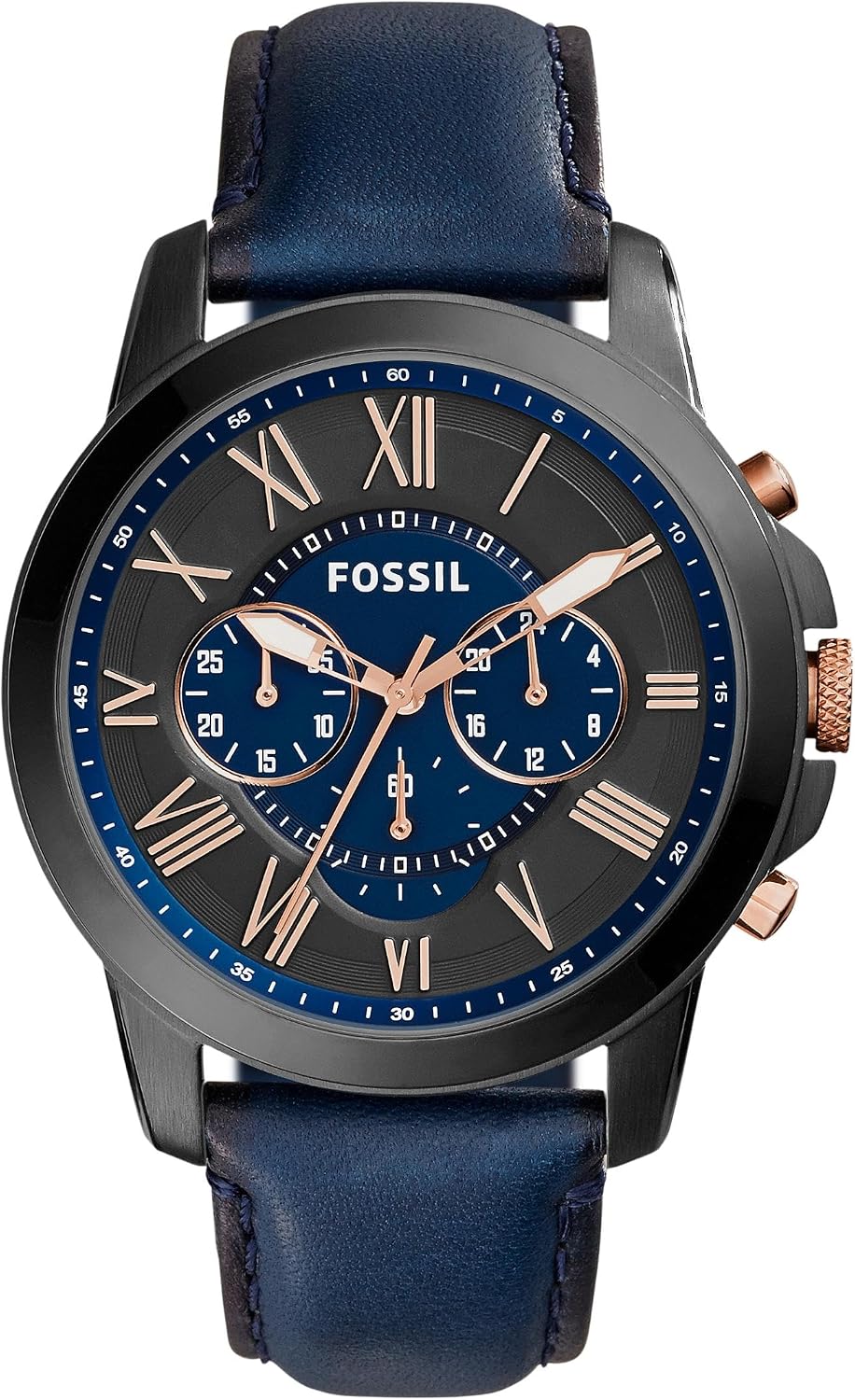 Detalle de Fossil Grant Uhr für Herren – Quarz-Chronograph, Edelstahlgehäuse, blaues Lederband