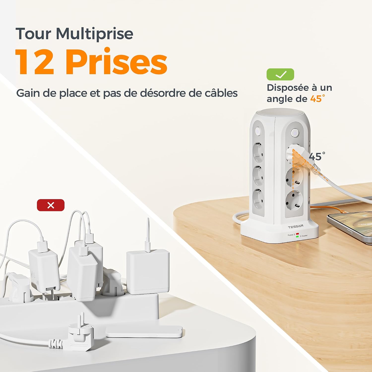 Thumbnail 5 de TESSAN Tour Multiprise avec Interrupteur: 6 USB (4A2C) + 12 prises, rallonge 5m, parafoudre — bureau et maison