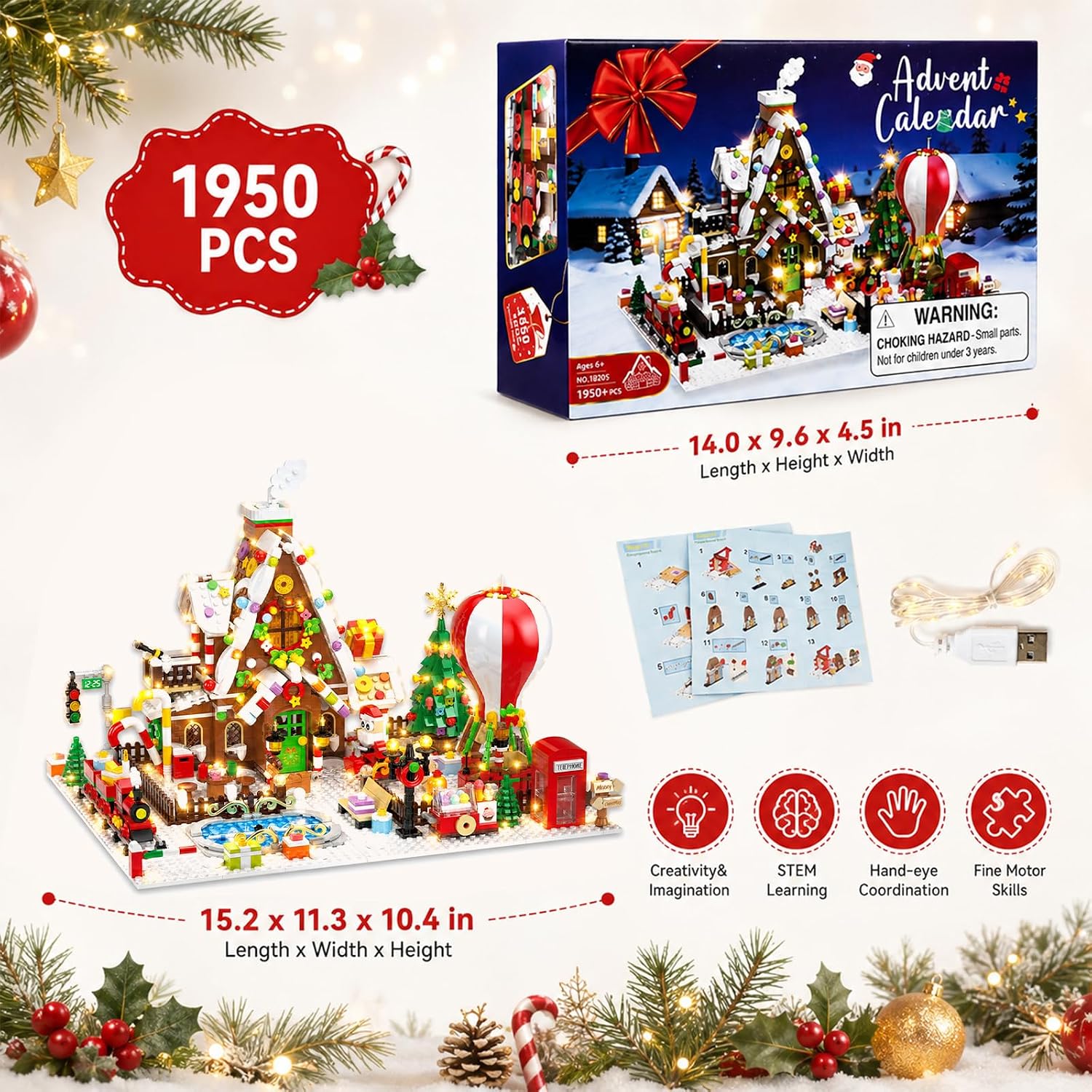 Detalle de MYDOVA 2026 adventskalender-bouwset: peperkoekhuis met licht en 1.950 steentjes