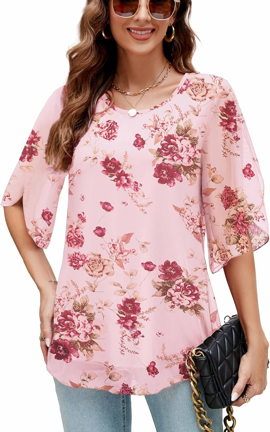 Detalle de Actcat Women's Ruffle Blouse 3/4 Sleeve – Flowing Mesh Tunic Top