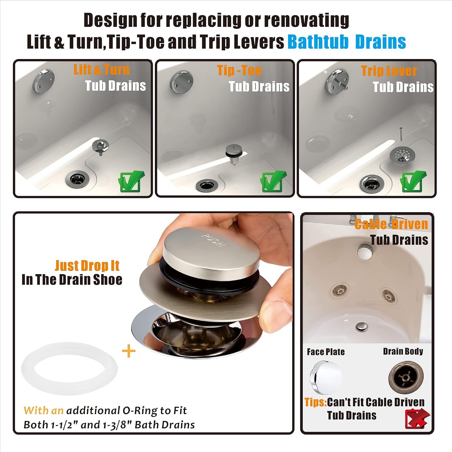 Detalle 2 de Artiwell 629908BN Universal Tip-Toe Tub Drain Stopper, Brushed Nickel Brass