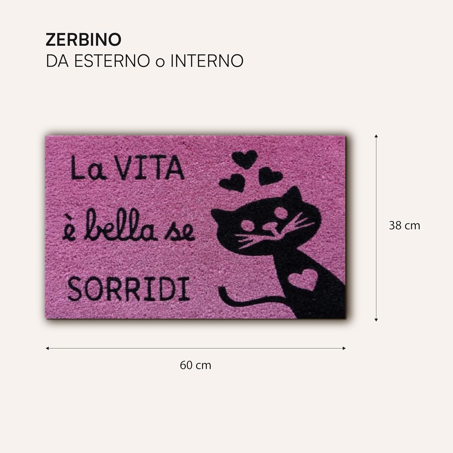 Thumbnail 2 de Baroni Home Zerbino Ingresso Casa in Fibra di Cocco Dipinto a Mano, 60x38 cm, Rosa con Gatto Nero e Cuori