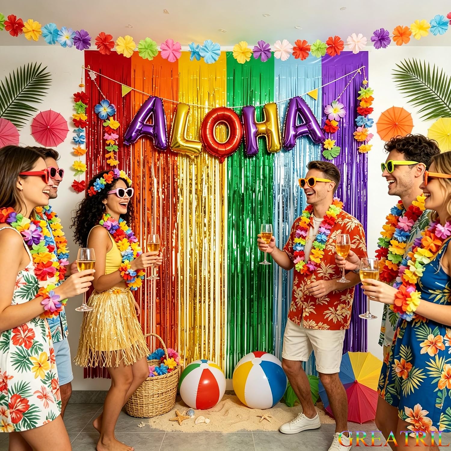 Thumbnail 1 de GREATRIL Lametta Vorhang Rainbow – 2er-Set Regenbogen Party-Foto-Hintergründe (1 m × 2,5 m)