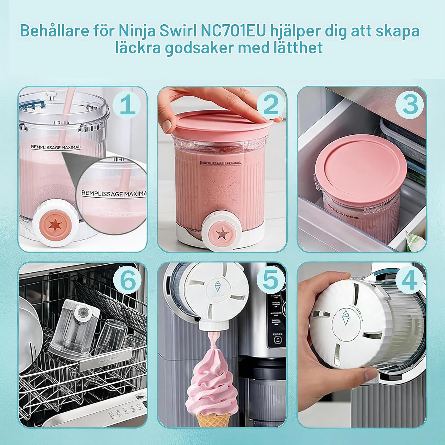 Detalle 2 de HAIWILL ersättningsbehållare för Ninja Creami Swirl NC701EU, 2 × 480 ml