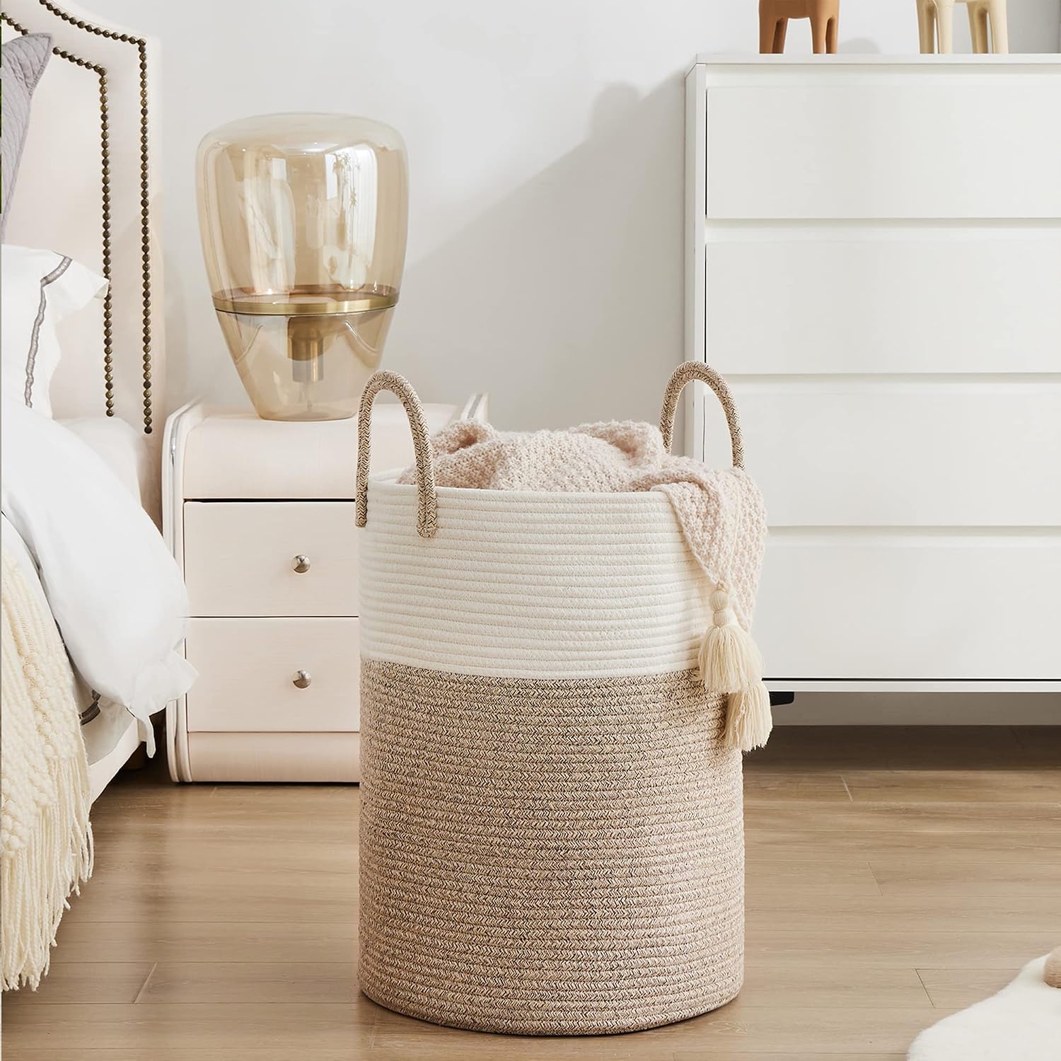 Detalle de YOUDENOVA Woven Rope Laundry Hamper, 58L Tall Cotton Basket, Brown