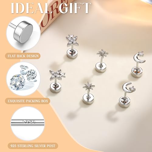 Thumbnail 4 de Finrezio 3 Pairs Flat Back Earrings – Sterling Silver Hypoallergenic Studs