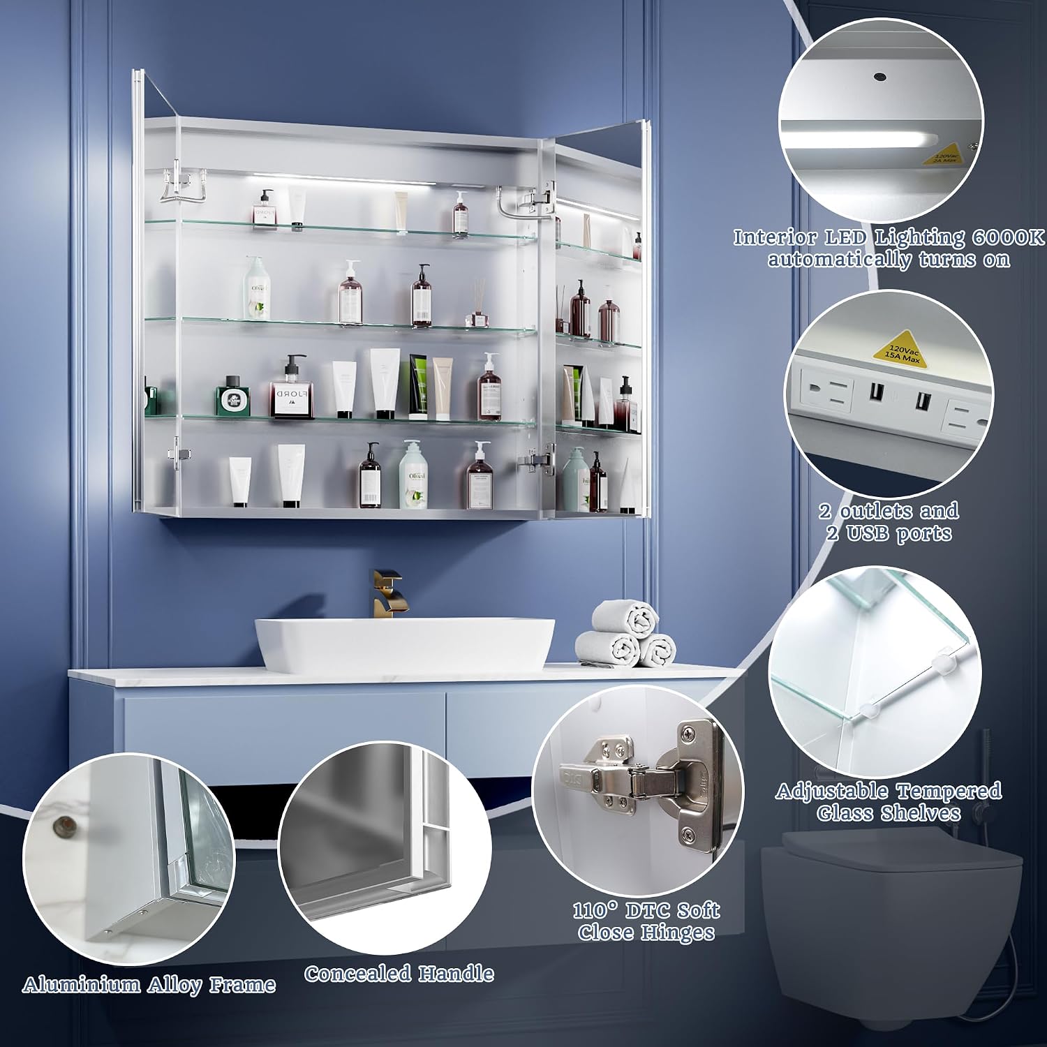 Detalle de ExBrite LED Lighted Bathroom Medicine Cabinet with Mirror, 30 x 30 Inch