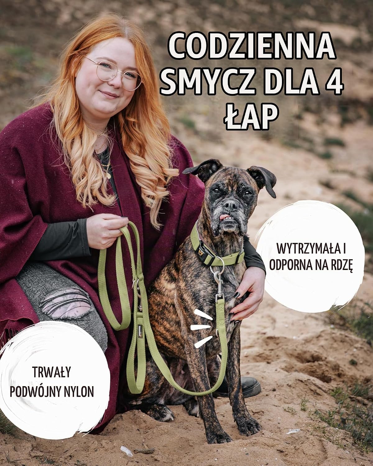 Detalle de Rudelkönig Frida – nylonowa smycz dla psa 230 cm, 4 konfiguracje, khaki