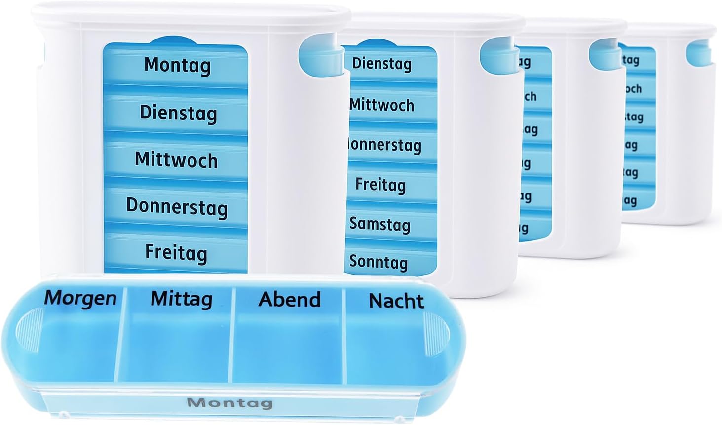 Detalle 2 de KAMACA 4er-Pack Pillendosierer für 28 Tage mit 4 Fächern pro Tag (4 Wochen) – weiß/blau