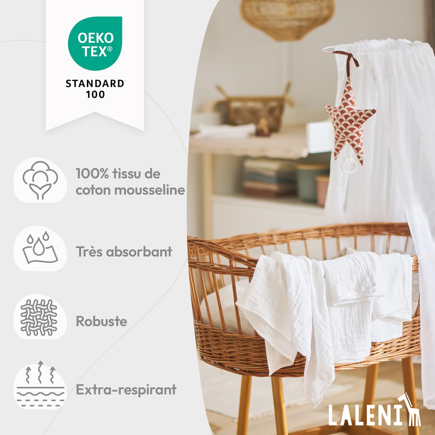 Thumbnail 3 de Laleni lot de 5 bavoirs bébé en pur coton en mousseline 70 x 70 cm – blancs