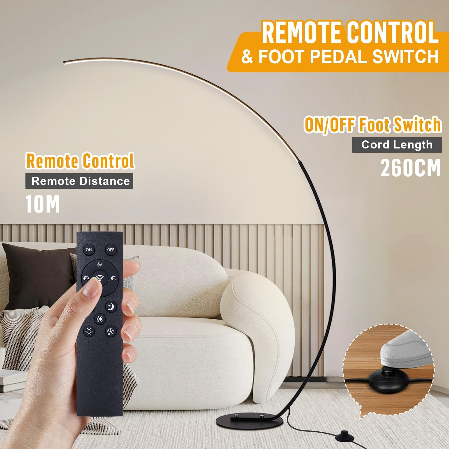 Detalle 2 de Linkenail LED Stehlampe mit Bogen für Wohnzimmer, dimmbar (25 W, 3 Farbtemperaturen) inkl. Fernbedienung